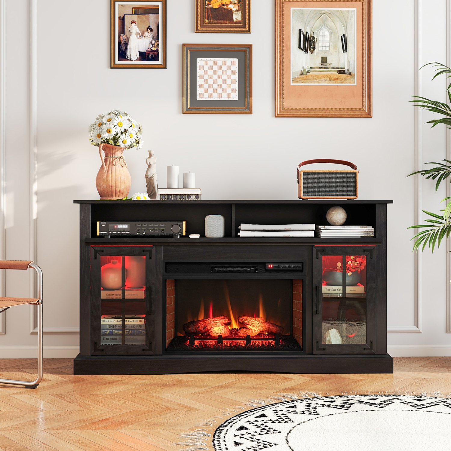 Gymax Fireplace TV Stand w/ Remote Controls & Thermostat Storage Cabinets