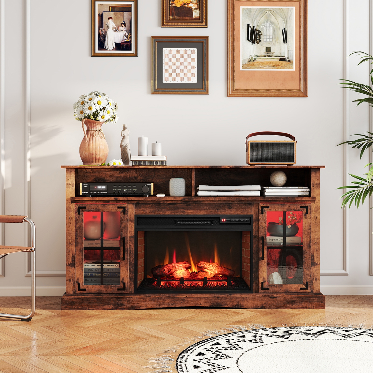 Gymax Fireplace TV Stand w/ Remote Controls & Thermostat Storage Cabinets