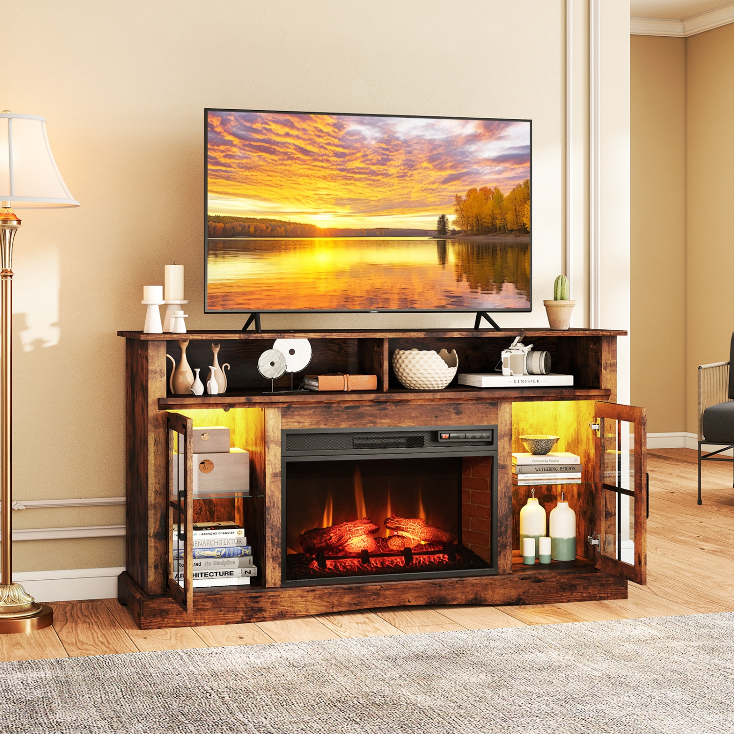 Gymax Fireplace TV Stand w/ Remote Controls & Thermostat Storage Cabinets