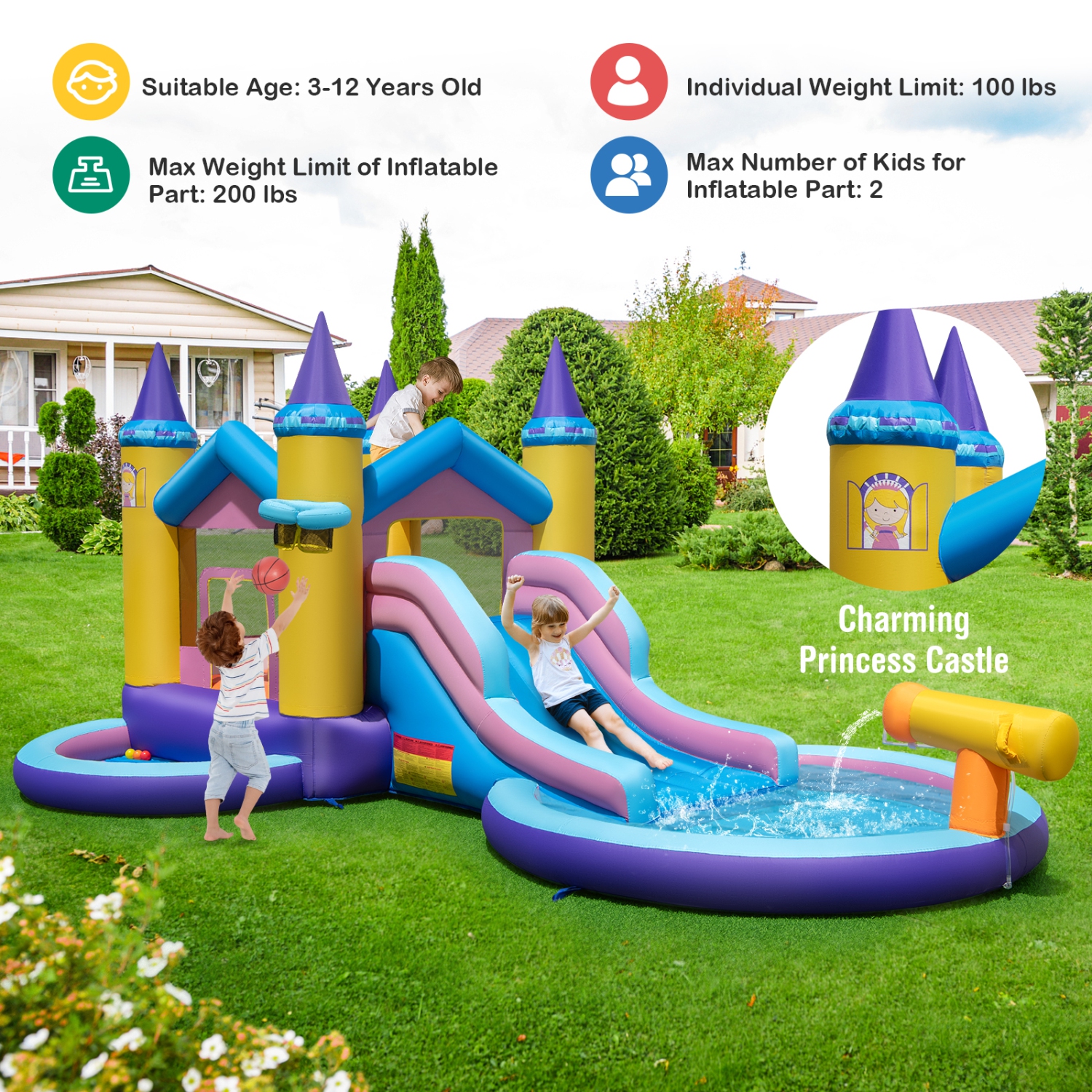 Gymax Kids Inflatable Water Slide w/ Slide Splash Pool Water Cannon w/ 680W Blower