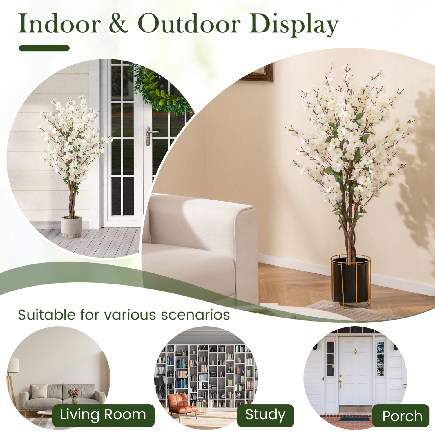 Gymax 47'' Artificial Winter Sweet Tree Faux Plum Blossom Plant w/ White Fabric Flower