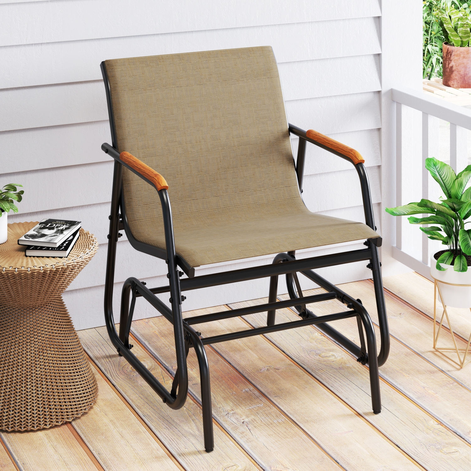 Gymax Patio Glider Chair w/ Curved Teak Armrests & Breathable Fabric Seat Outdoor