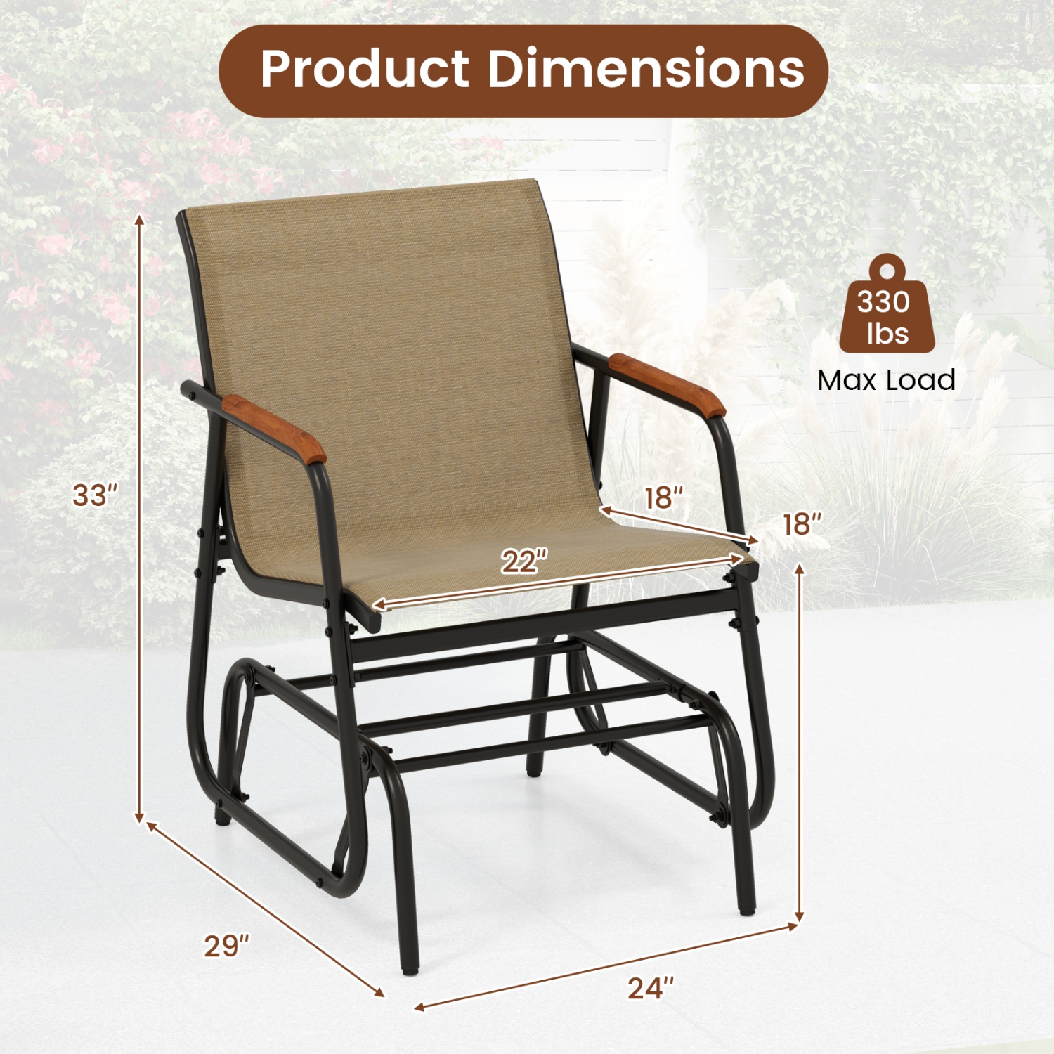Gymax Patio Glider Chair w/ Curved Teak Armrests & Breathable Fabric Seat Outdoor