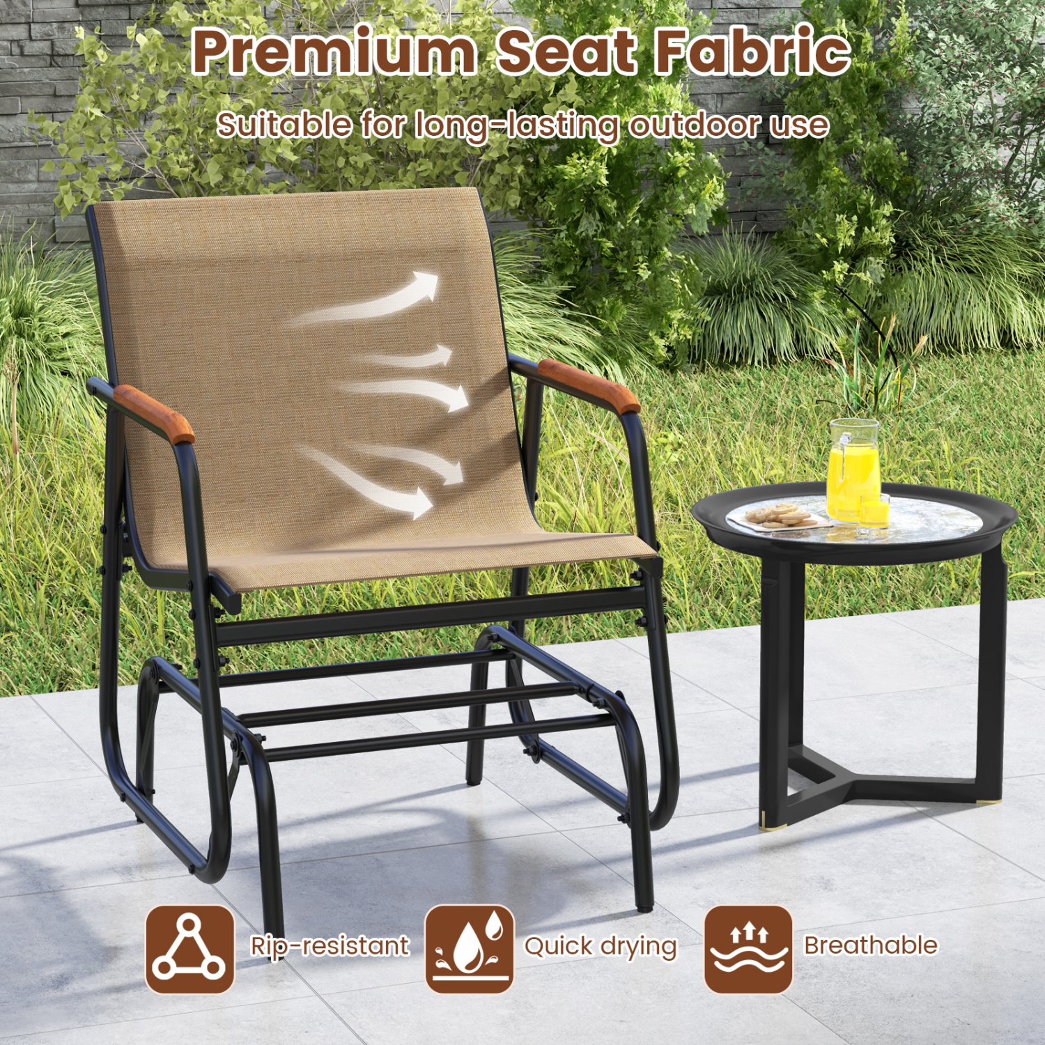 Gymax Patio Glider Chair w/ Curved Teak Armrests & Breathable Fabric Seat Outdoor