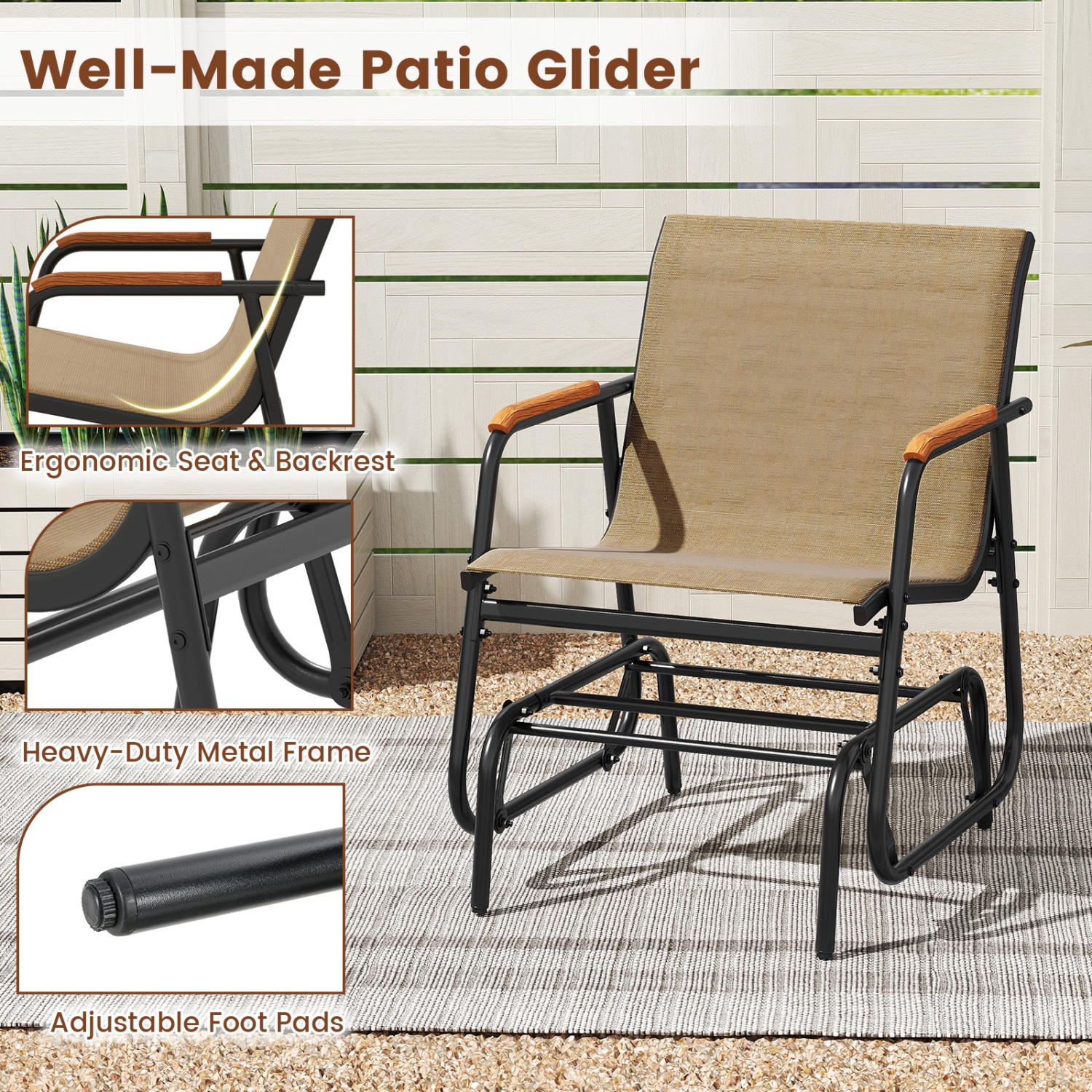 Gymax Patio Glider Chair w/ Curved Teak Armrests & Breathable Fabric Seat Outdoor