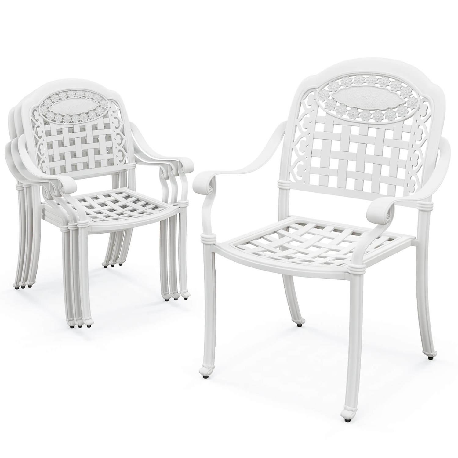 Gymax Set Of 4 Patio Cast Aluminum Armrest Chairs Dining Stackable Outdoor White