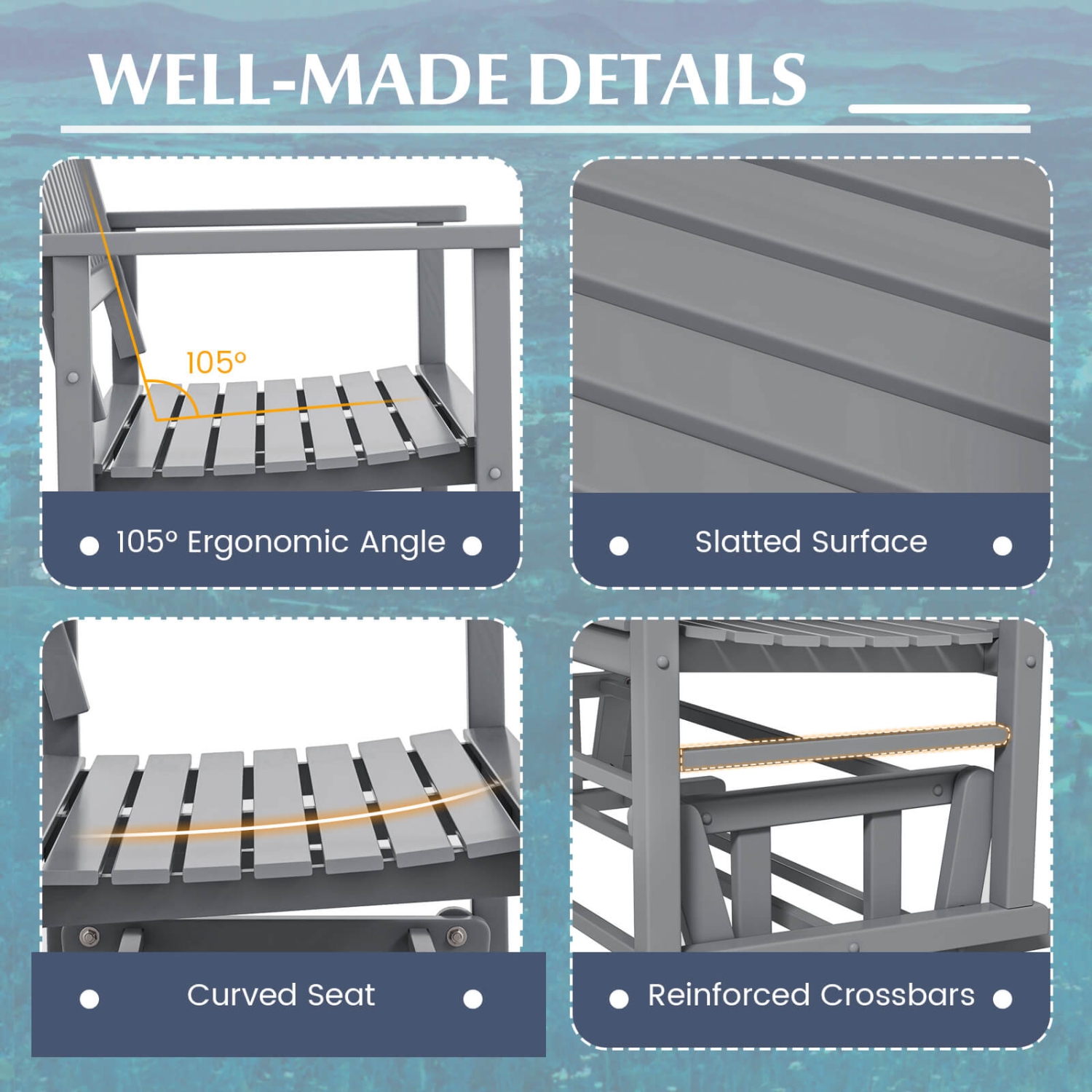 Gymax Patio Glider Loveseat Chair Swing Rocking Bench w/ Curved Backrest & Slatted Seat