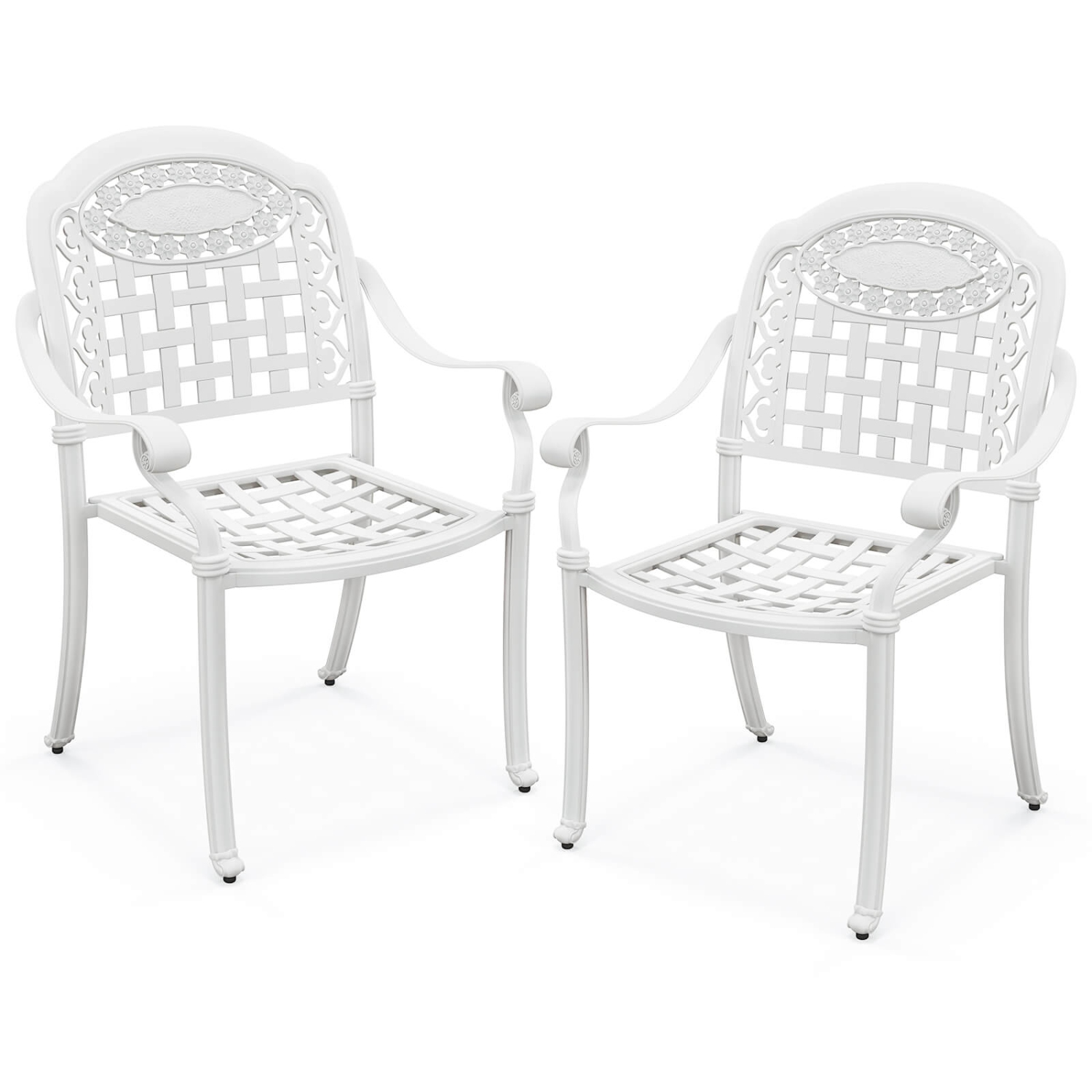 Gymax Set Of 2 Patio Cast Aluminum Armrest Chairs Dining Stackable Outdoor White