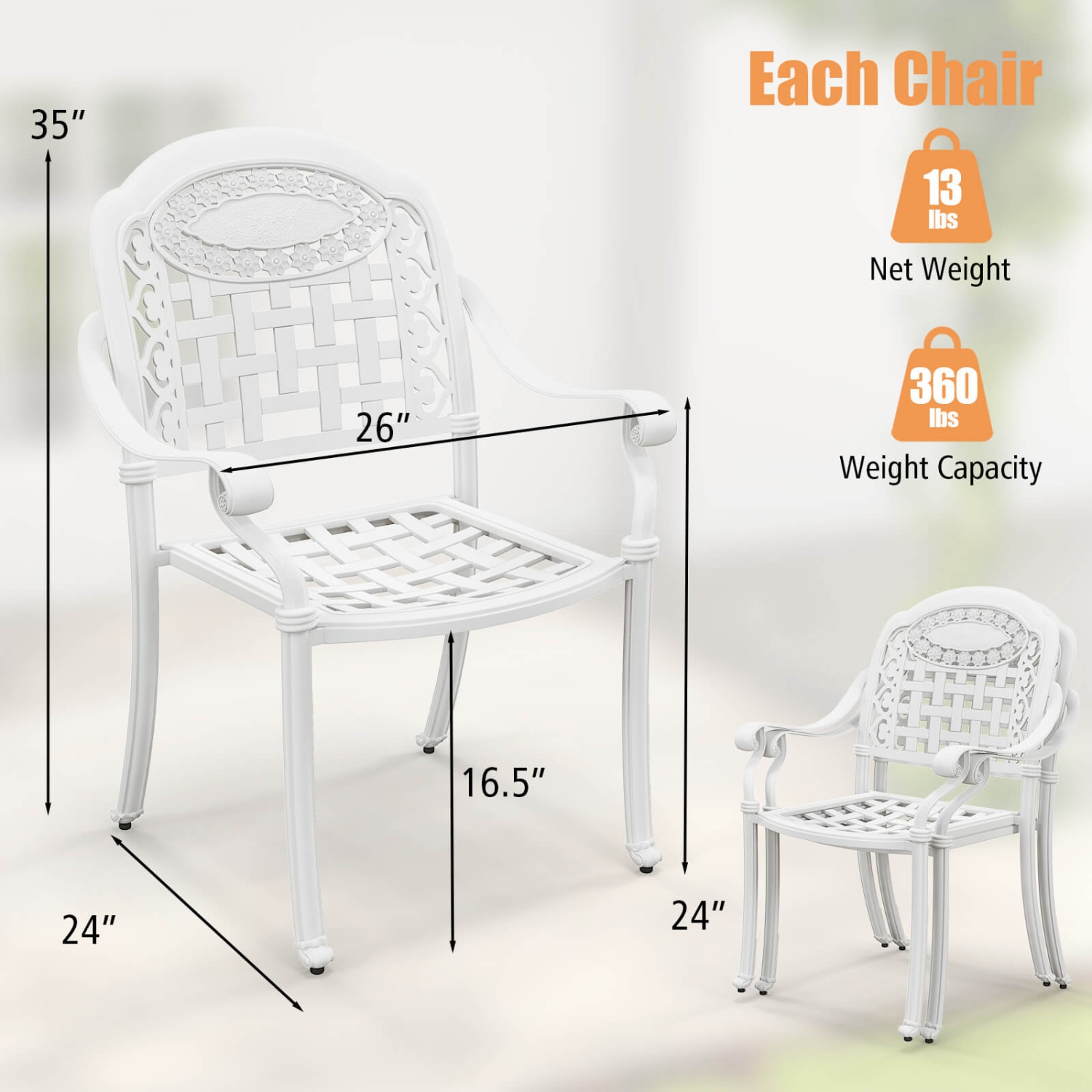 Gymax Set Of 2 Patio Cast Aluminum Armrest Chairs Dining Stackable Outdoor White