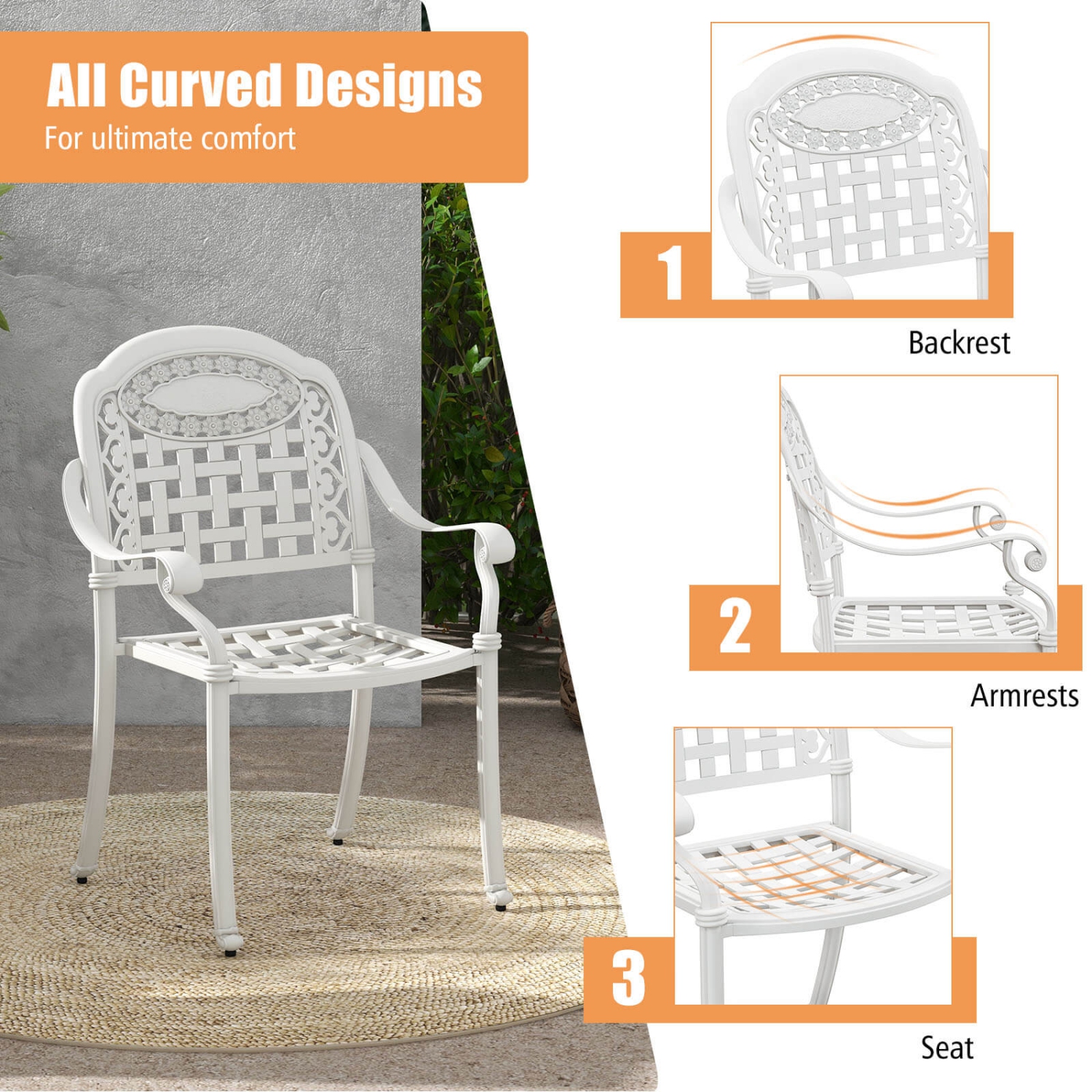 Gymax Set Of 2 Patio Cast Aluminum Armrest Chairs Dining Stackable Outdoor White
