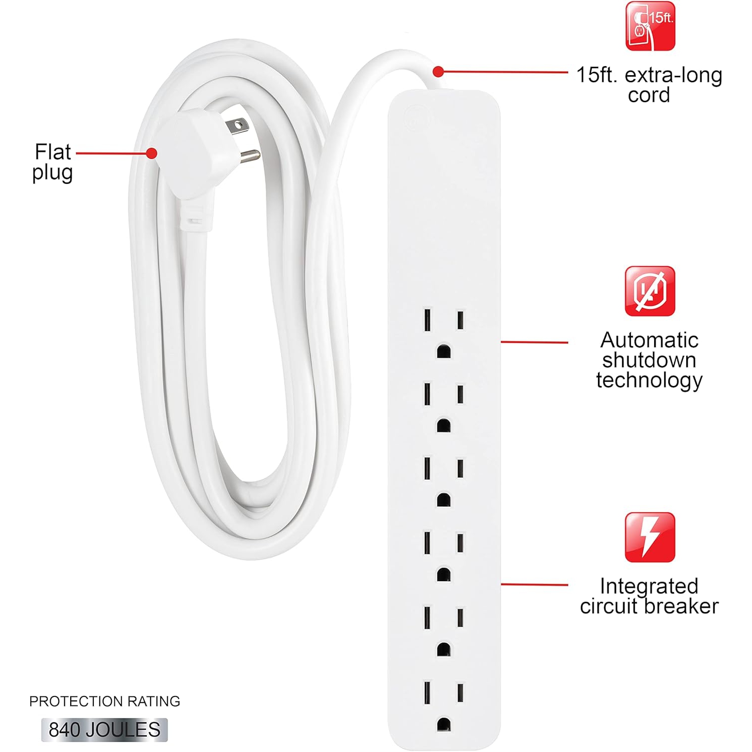 GE 6-Outlet Surge Protector, 10 Ft Braided Extension Cord