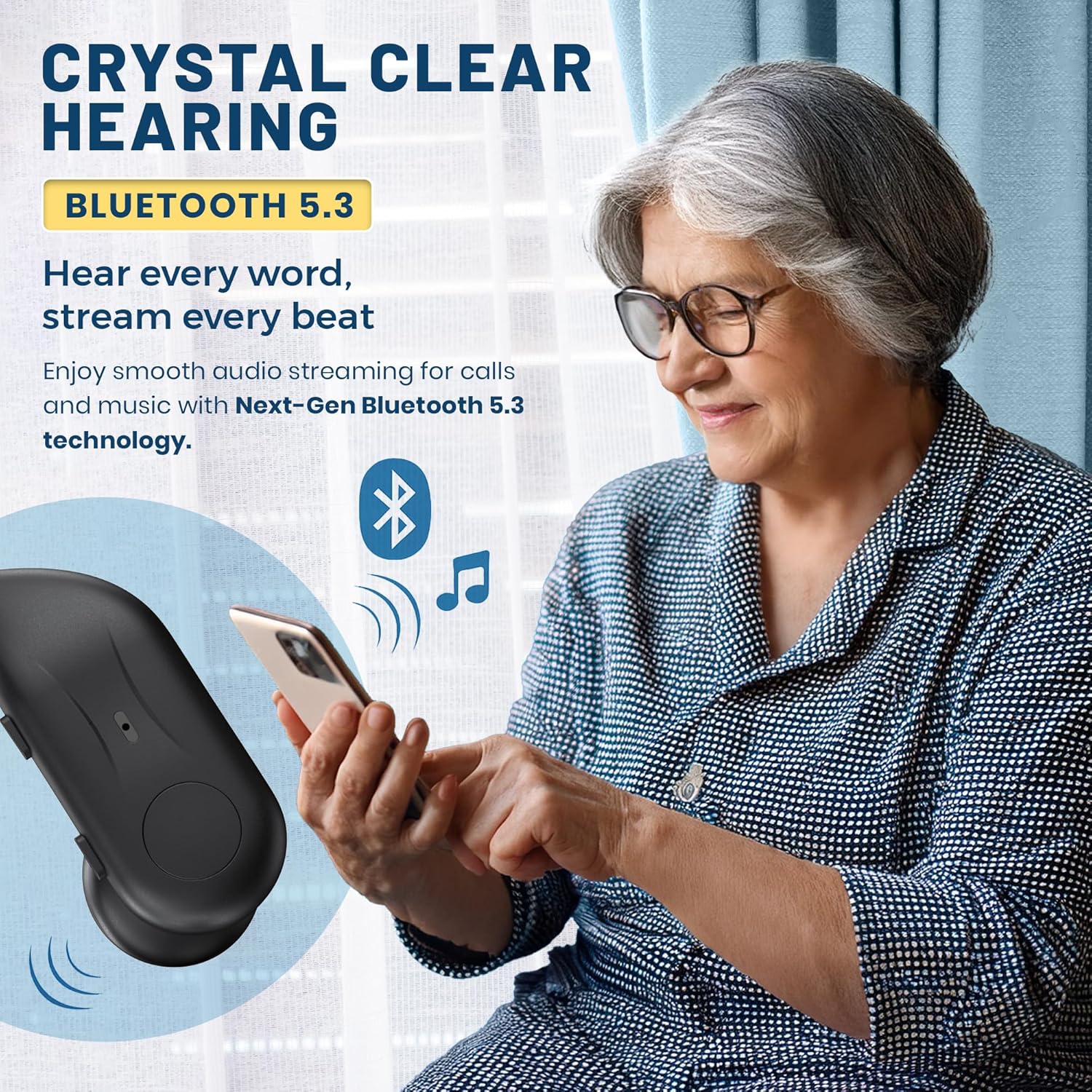Rechargeable Bluetooth Hearing Amplifier for Seniors - Easy-to-Use Behind the Ear Sound Amplifier with Automatic Noise Cancelling & App - BTE for