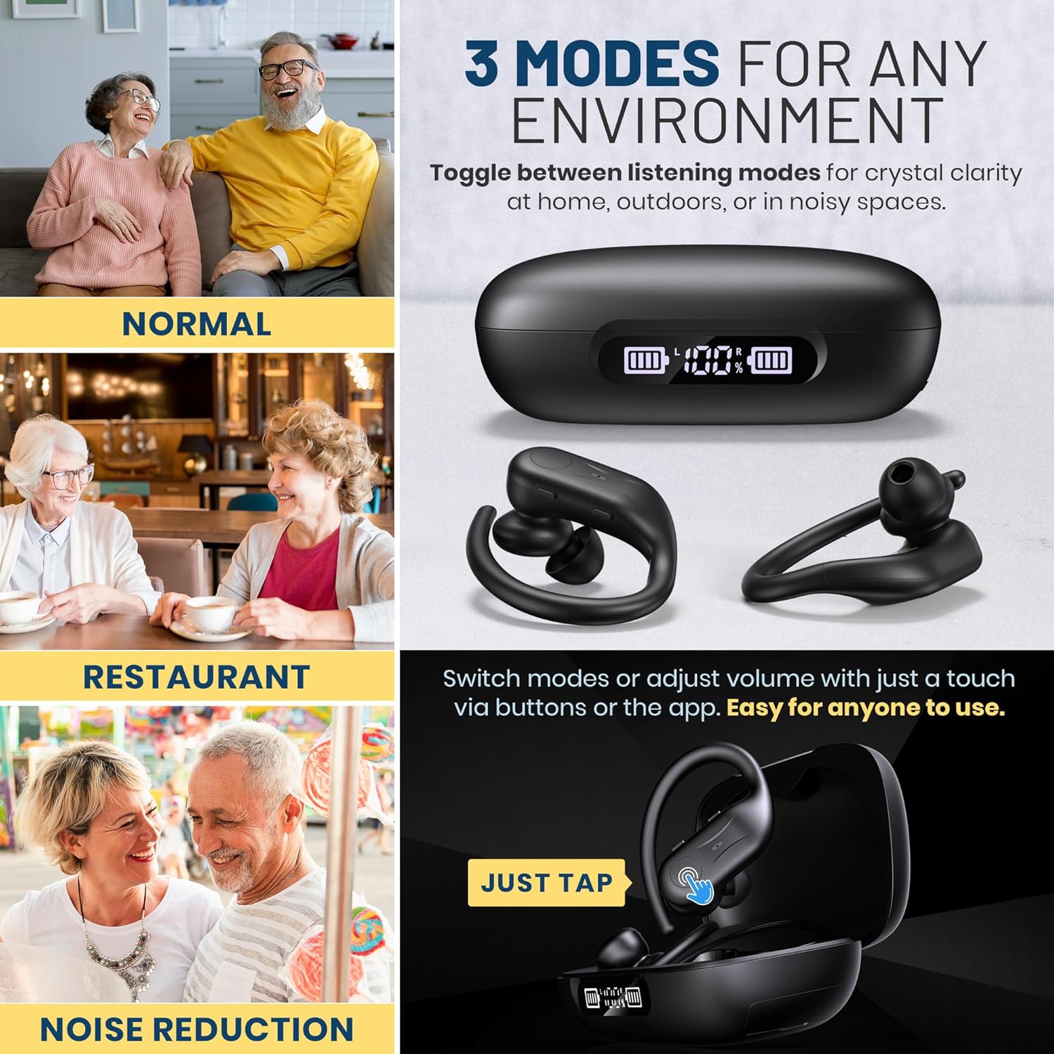 Rechargeable Bluetooth Hearing Amplifier for Seniors - Easy-to-Use Behind the Ear Sound Amplifier with Automatic Noise Cancelling & App - BTE for