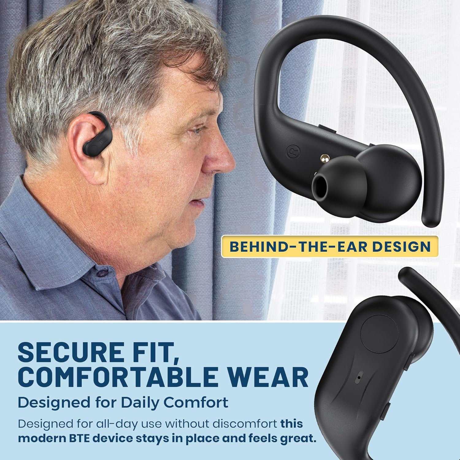 Rechargeable Bluetooth Hearing Amplifier for Seniors - Easy-to-Use Behind the Ear Sound Amplifier with Automatic Noise Cancelling & App - BTE for