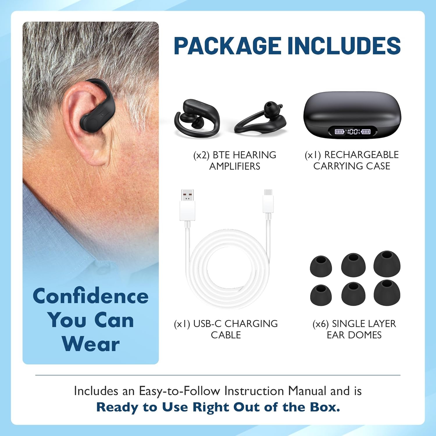 Rechargeable Bluetooth Hearing Amplifier for Seniors - Easy-to-Use Behind the Ear Sound Amplifier with Automatic Noise Cancelling & App - BTE for