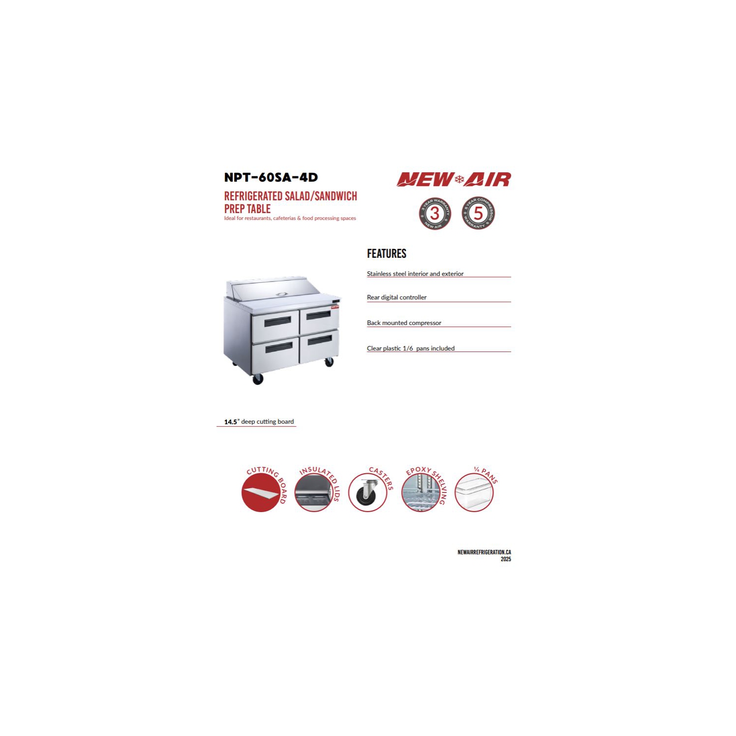 New Air NPT-60SA-4D 60" Refrigerated Salad/Sandwich Prep Table - Ideal for restaurants, cafeterias and food processing spaces