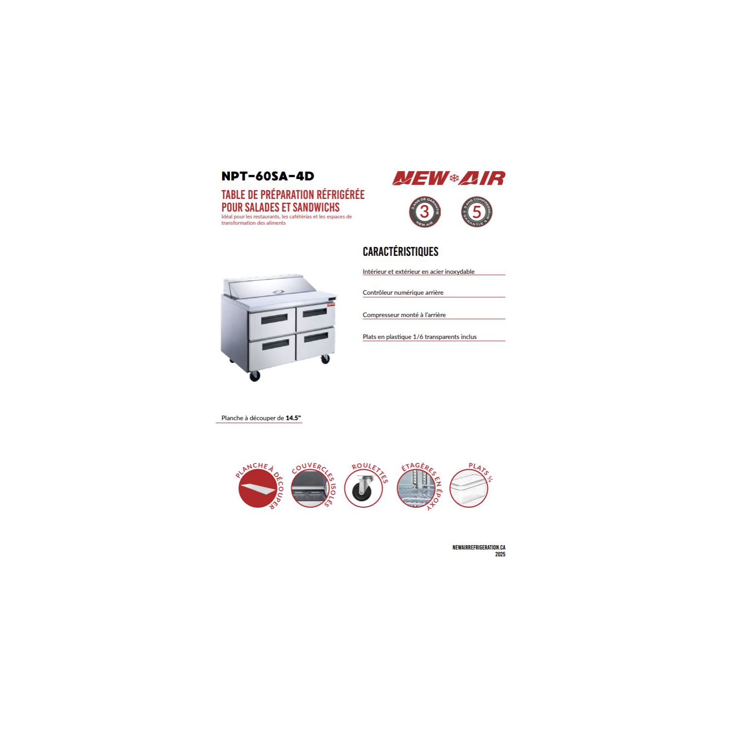 New Air NPT-60SA-4D 60" Refrigerated Salad/Sandwich Prep Table - Ideal for restaurants, cafeterias and food processing spaces