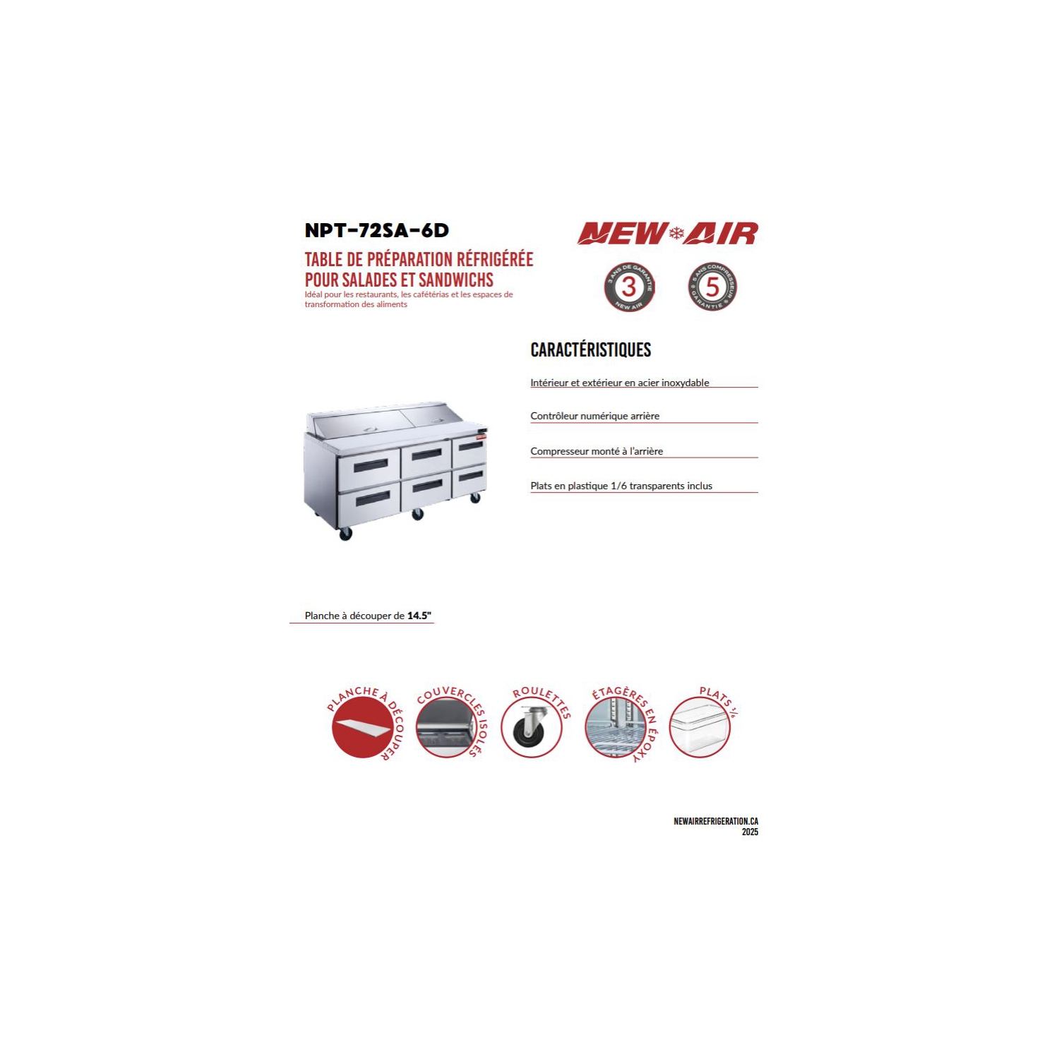 New Air NPT-72SA-6D 72" Refrigerated Salad/Sandwich Prep Table - Ideal for restaurants, cafeterias and food processing spaces