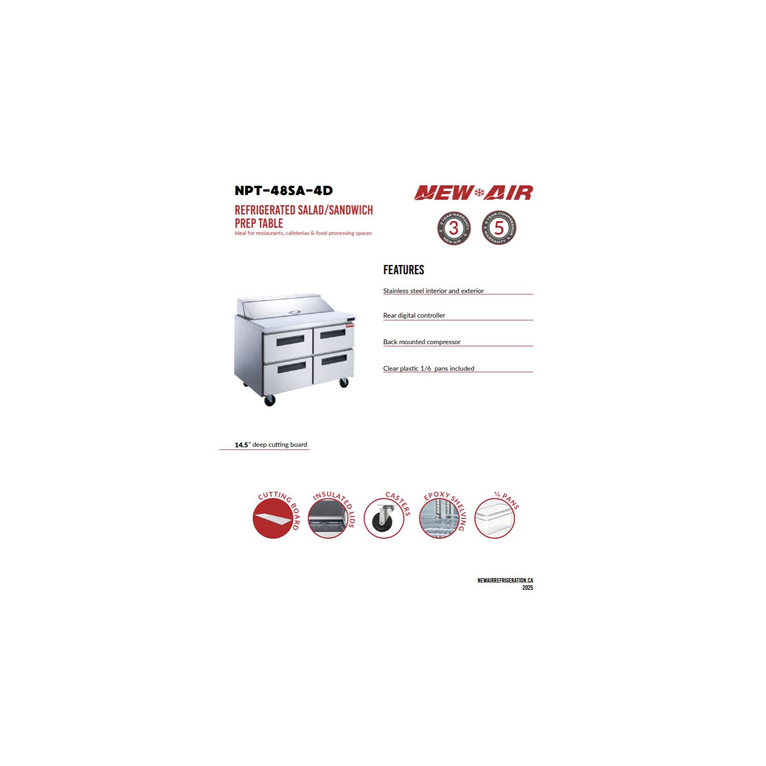New Air NPT-48SA-4D 48" Refrigerated Salad/Sandwich Prep Table - Ideal for restaurants, cafeterias and food processing spaces
