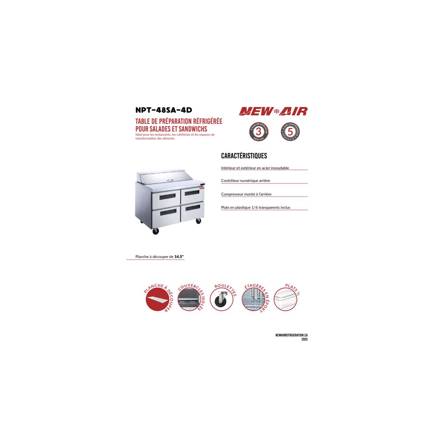 New Air NPT-48SA-4D 48" Refrigerated Salad/Sandwich Prep Table - Ideal for restaurants, cafeterias and food processing spaces