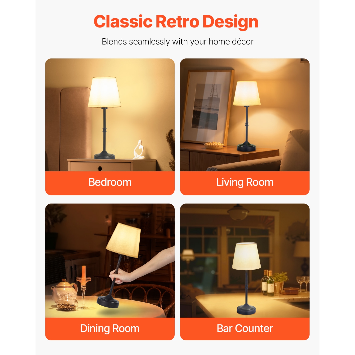 VEVOR 2 Pack Cordless Table Lamp, 5200mAh Built-in Rechargeable Battery Desk Lamp, 3-Level Brightness, Fabric Shade, 2700-3000K Color Temperature,
