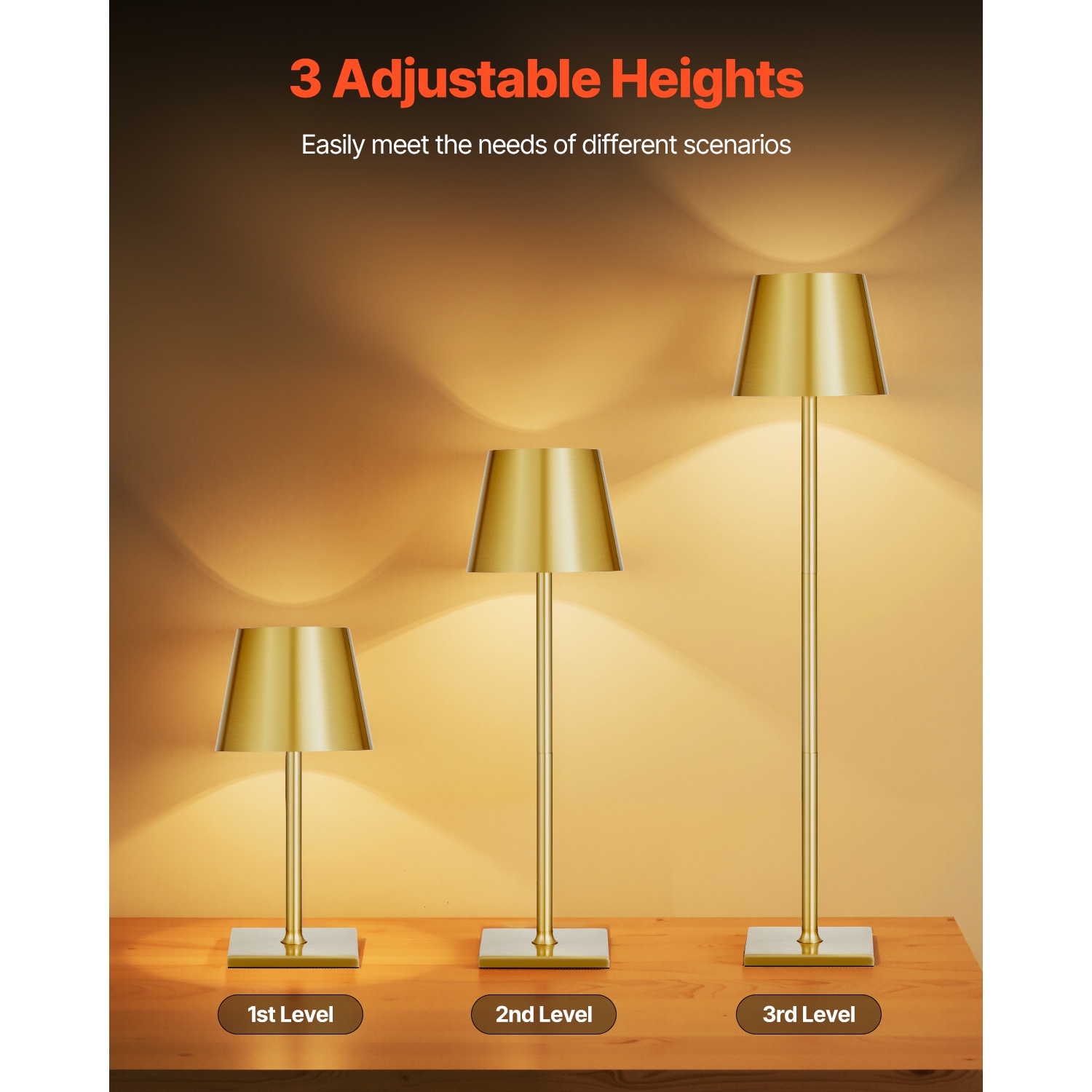 VEVOR 2-Pack Cordless Table Lamp, 5200mAh Built-in Rechargeable Battery Desk Lamp, Stepless Dimming Up, 3 Adjustable Heights, Detachable Lampshade