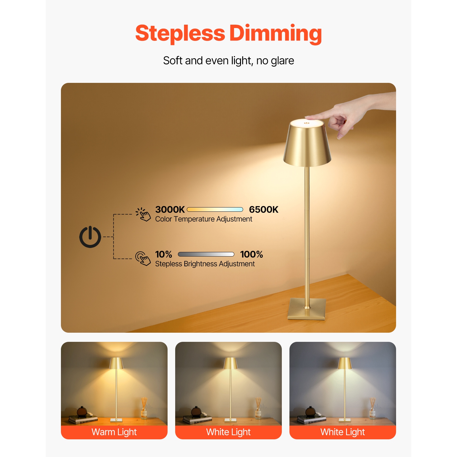 VEVOR 2-Pack Cordless Table Lamp, 5200mAh Built-in Rechargeable Battery Desk Lamp, Stepless Dimming Up, 3 Adjustable Heights, Detachable Lampshade