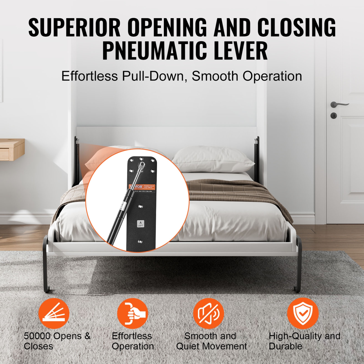 VEVOR Murphy Bed Kit, Queen Size, Vertical Deluxe DIY Wall Bed Mechanical Hardware Kit, Pneumatic Lever Heavy Duty Bed Frame Support, Folding Cabinet