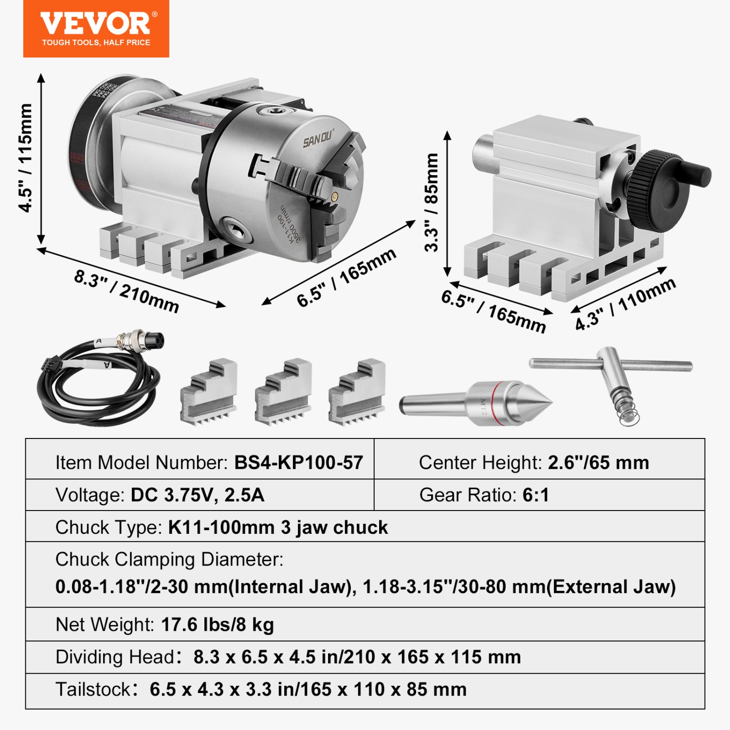 VEVOR K11-100mm Dividing Head,3-Jaw Chuck, 2.6"/65 mm Center Height MT2 Tailstock 6:1 Gear Ratio，CNC Router Milling Machine Rotational Axis 4th Axis