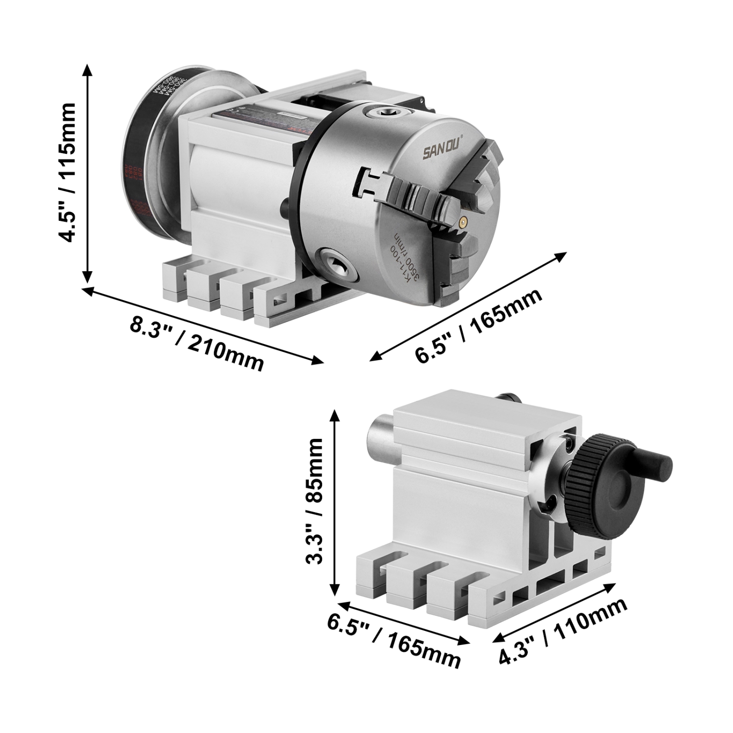 VEVOR K11-100mm Dividing Head,3-Jaw Chuck, 2.6"/65 mm Center Height MT2 Tailstock 6:1 Gear Ratio，CNC Router Milling Machine Rotational Axis 4th Axis