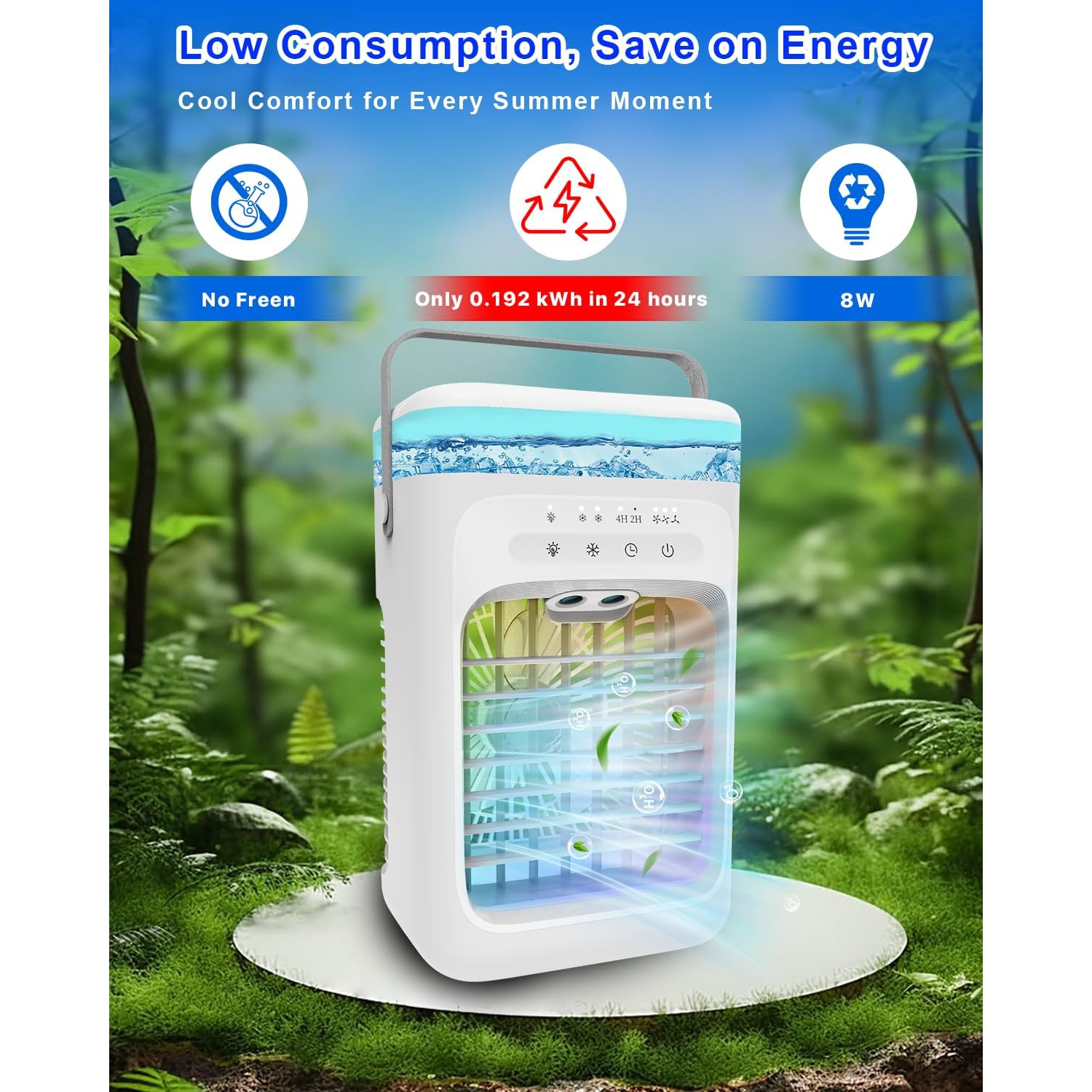 Portable Evaporative Air Cooler – 3 Fan Speeds, 2–4 Hour Timer, 7-Colour LED Light, Eco-Friendly Mini Cooling Fan for Home, Bedroom, Office & Travel