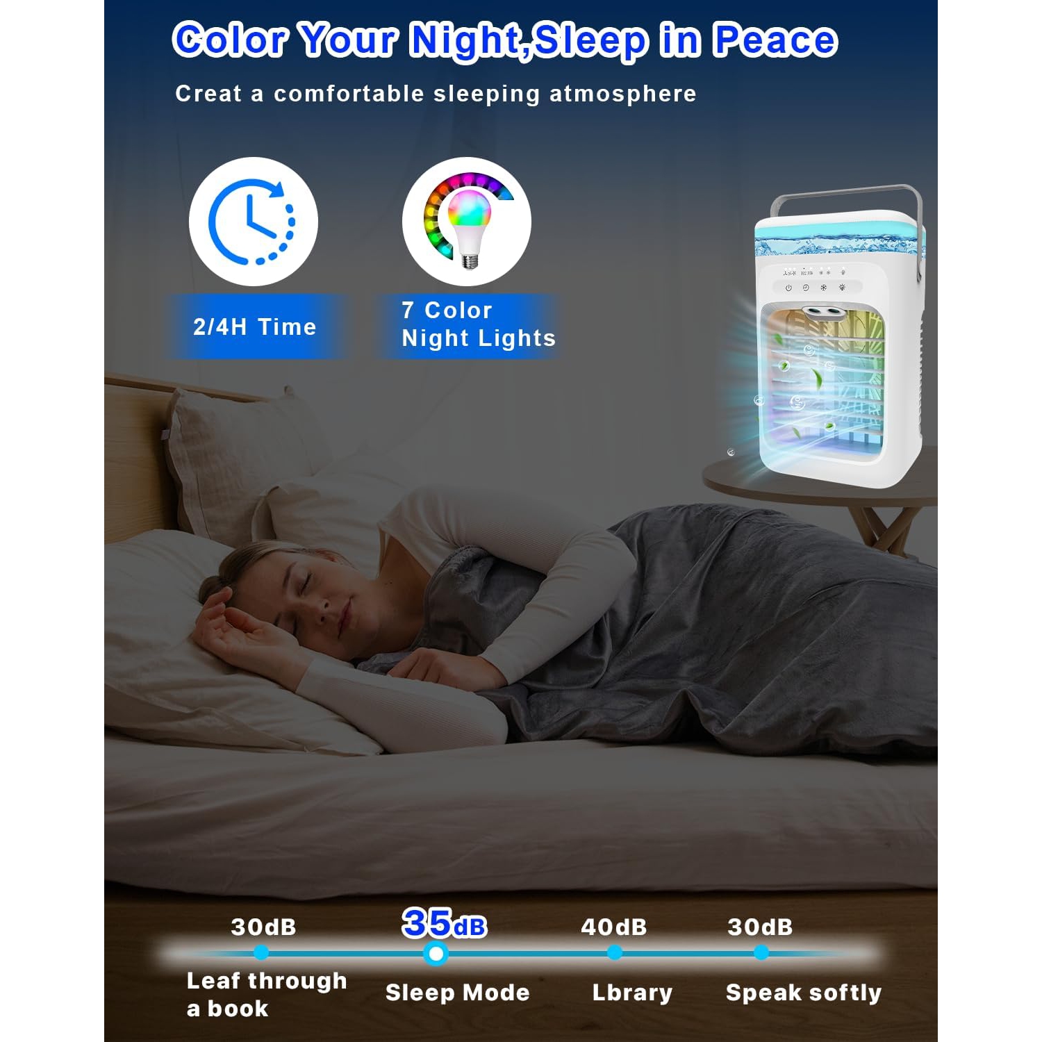 Portable Evaporative Air Cooler – 3 Fan Speeds, 2–4 Hour Timer, 7-Colour LED Light, Eco-Friendly Mini Cooling Fan for Home, Bedroom, Office & Travel