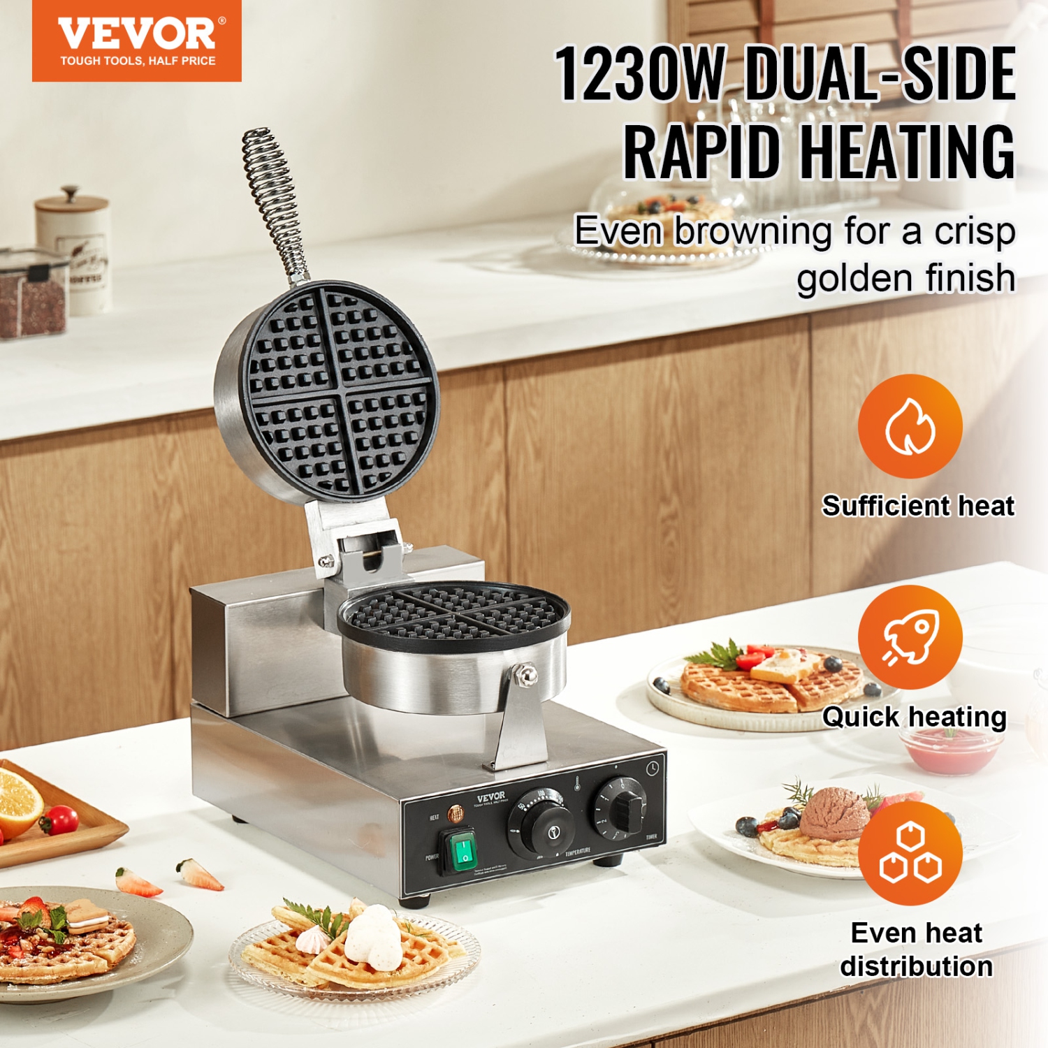 VEVOR 1230W Commercial Waffle Maker, Round Waffle Baker Machine, Non-Stick Stainless Steel, with Temperature and Time Control, Handle, for Restaurant