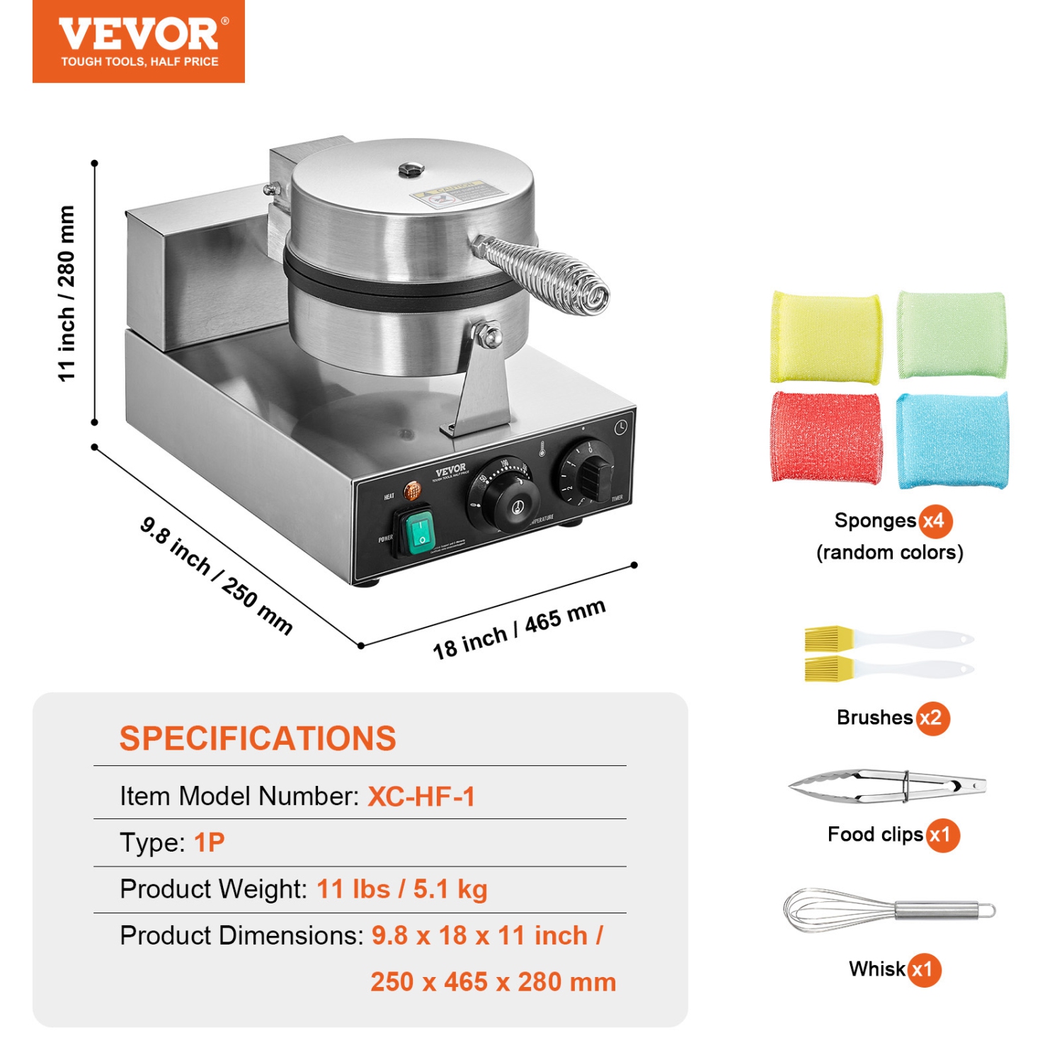 VEVOR 1230W Commercial Waffle Maker, Round Waffle Baker Machine, Non-Stick Stainless Steel, with Temperature and Time Control, Handle, for Restaurant