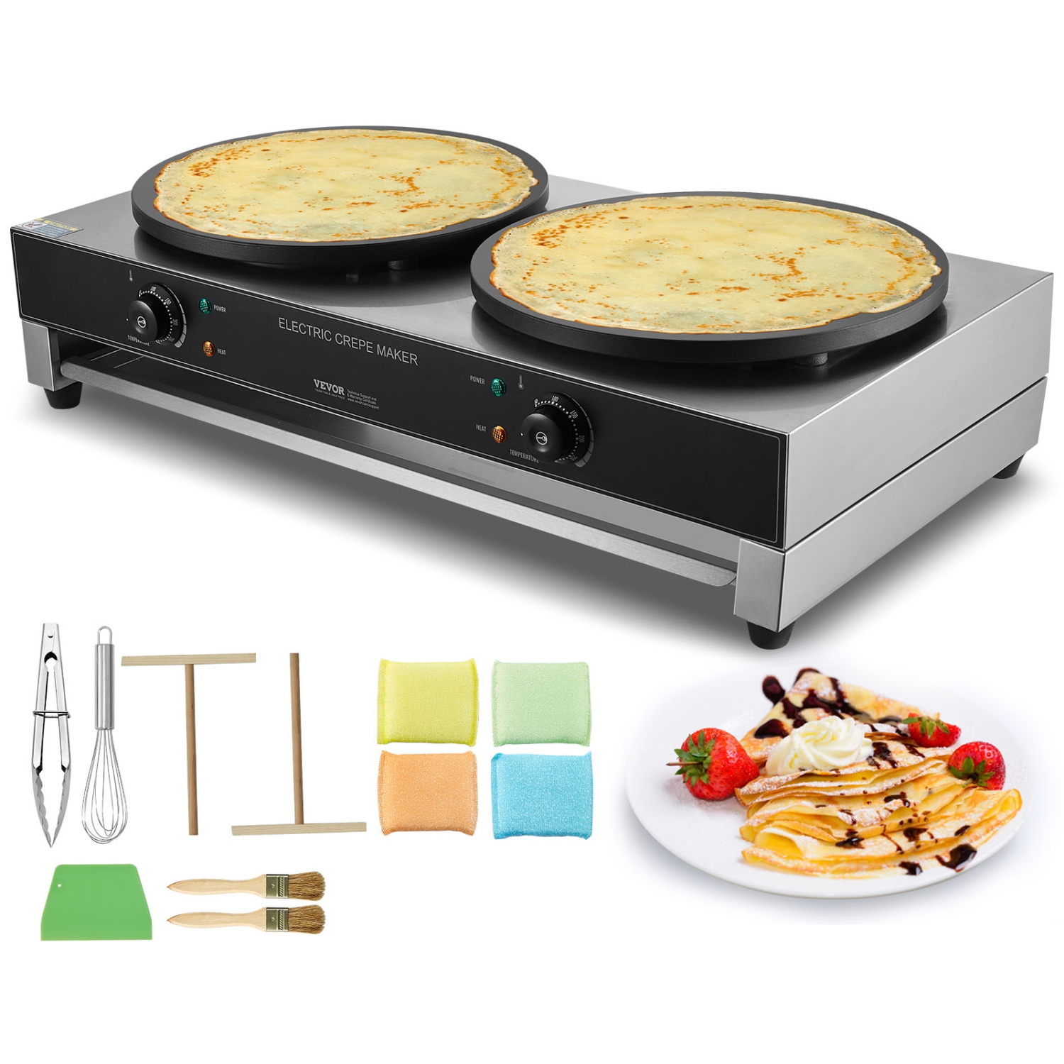 VEVOR 16-Inch Electric Crepe Maker, Double Head Commercial Machine, 3400W Flat Plate Crepe Griddle, Nonstick Stainless Steel, Desktop Circular