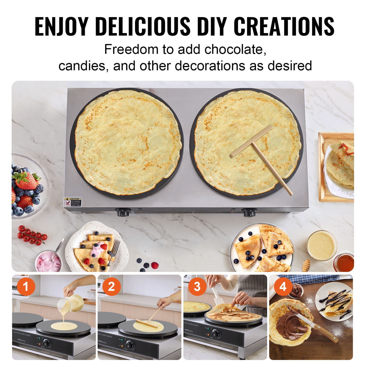 VEVOR 16-Inch Electric Crepe Maker, Double Head Commercial Machine, 3400W Flat Plate Crepe Griddle, Nonstick Stainless Steel, Desktop Circular