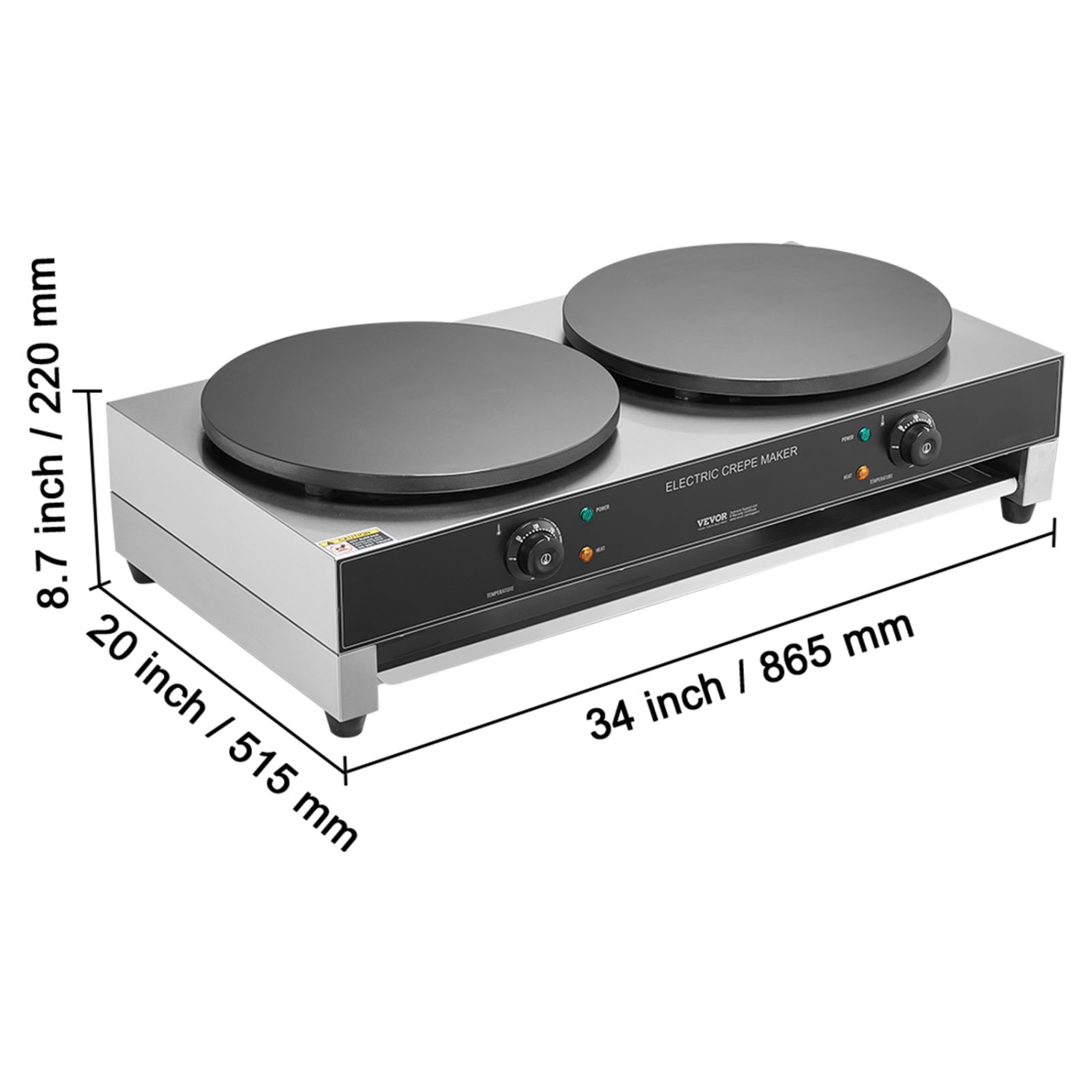 VEVOR 16-Inch Electric Crepe Maker, Double Head Commercial Machine, 3400W Flat Plate Crepe Griddle, Nonstick Stainless Steel, Desktop Circular