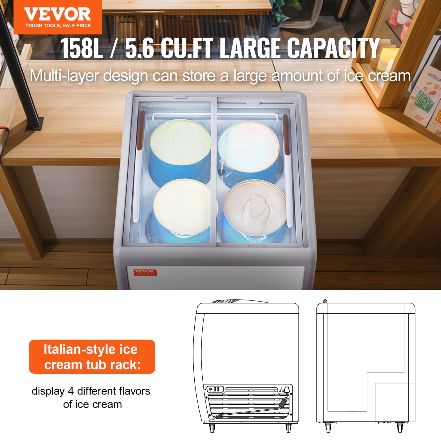 VEVOR 5.6 Cu.ft Commercial Ice Cream Display Case, Chest Freezer, Mobile Glass Top Deep Freezer, Restaurant Gelato Dipping Cabinet, 2 Sliding Glass