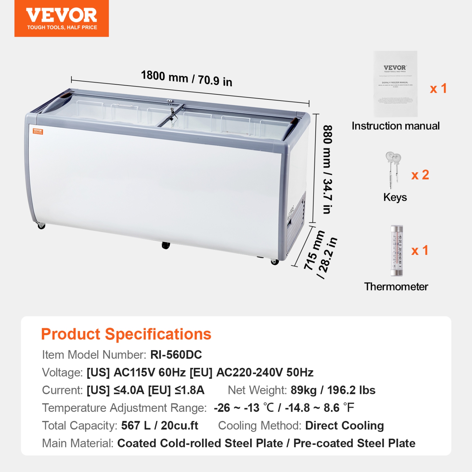 VEVOR 20 Cu.ft Commercial Ice Cream Display Case, Chest Freezer, Mobile Glass Top Deep Freezer, Restaurant Gelato Dipping Cabinet with 12 Large Tubs,