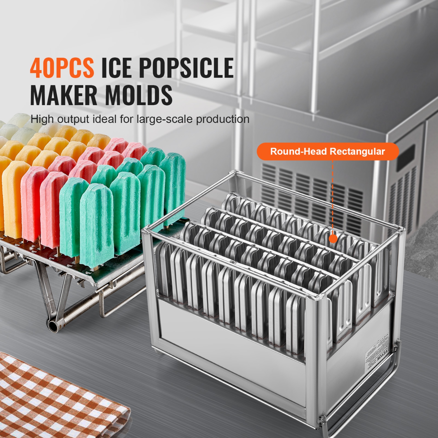 VEVOR 40PCS Commercial Popsicle Moulds, Round-Head Ice Pop Moulds with Double Slot, Stainless Steel Moulds, Ice Cream Maker Mould Holder with 50PCS