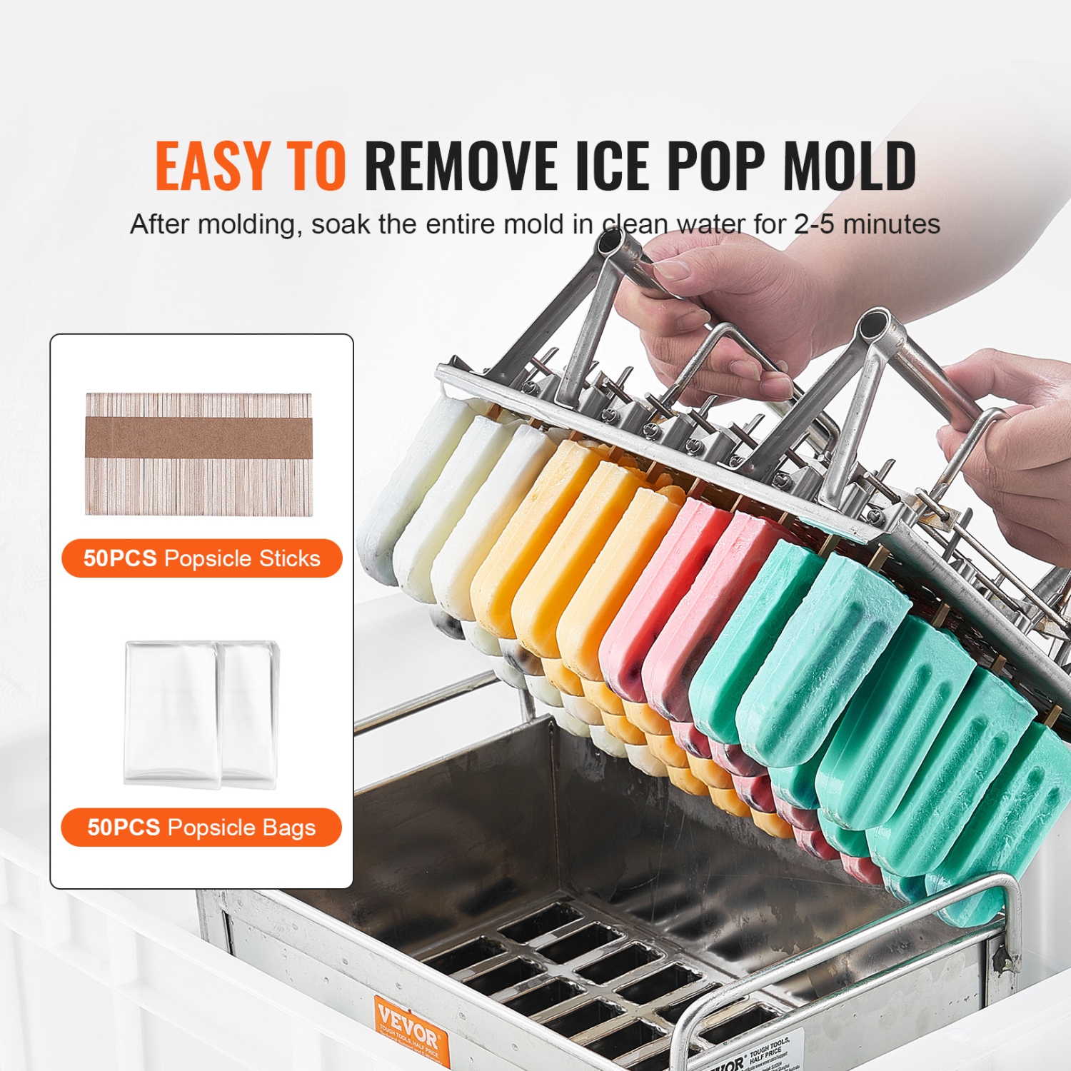 VEVOR 40PCS Commercial Popsicle Moulds, Round-Head Ice Pop Moulds with Double Slot, Stainless Steel Moulds, Ice Cream Maker Mould Holder with 50PCS