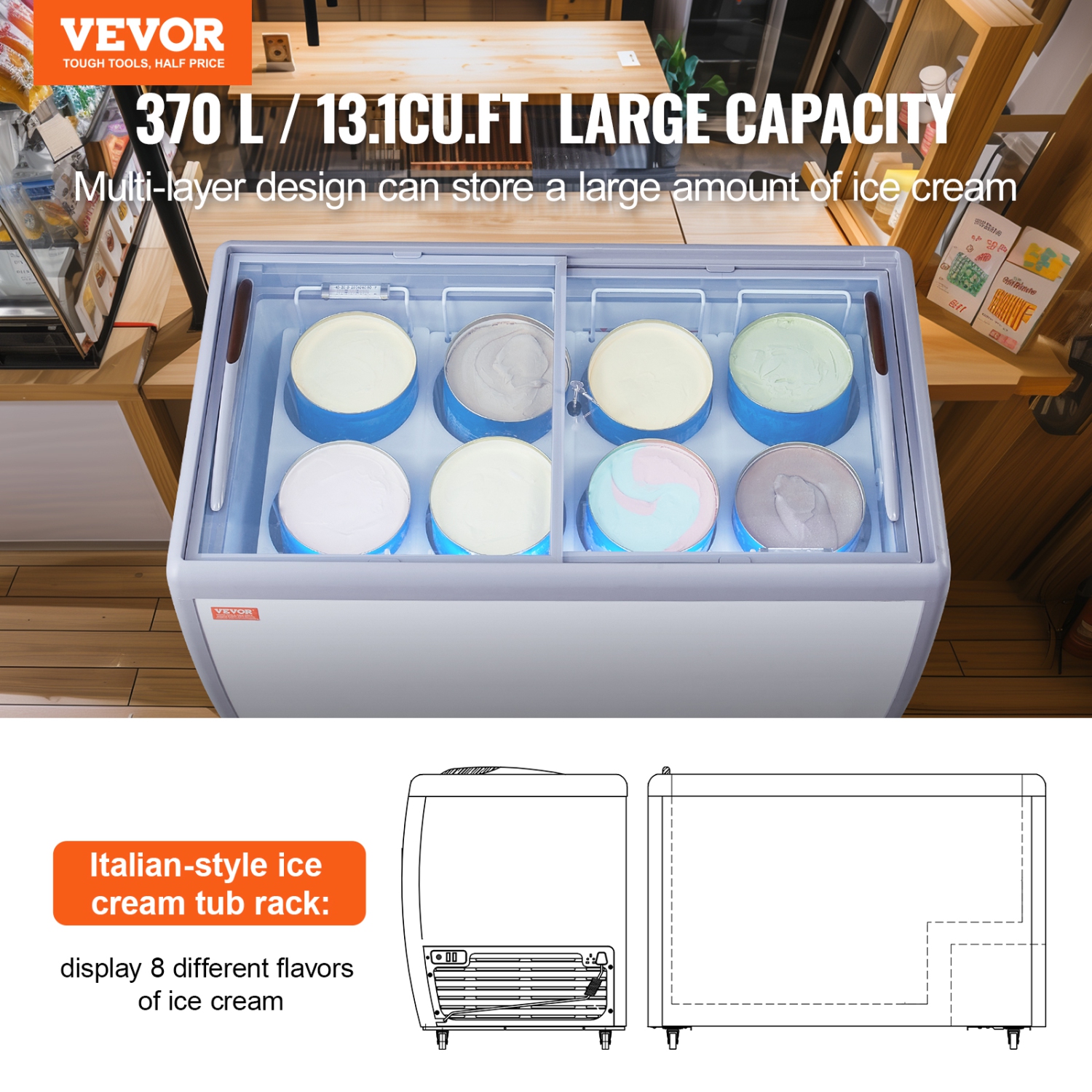 VEVOR 13.1 Cu.ft Commercial Ice Cream Display Case, Chest Freezer, Mobile Glass Top Deep Freezer, Restaurant Gelato Dipping Cabinet with 8 Large