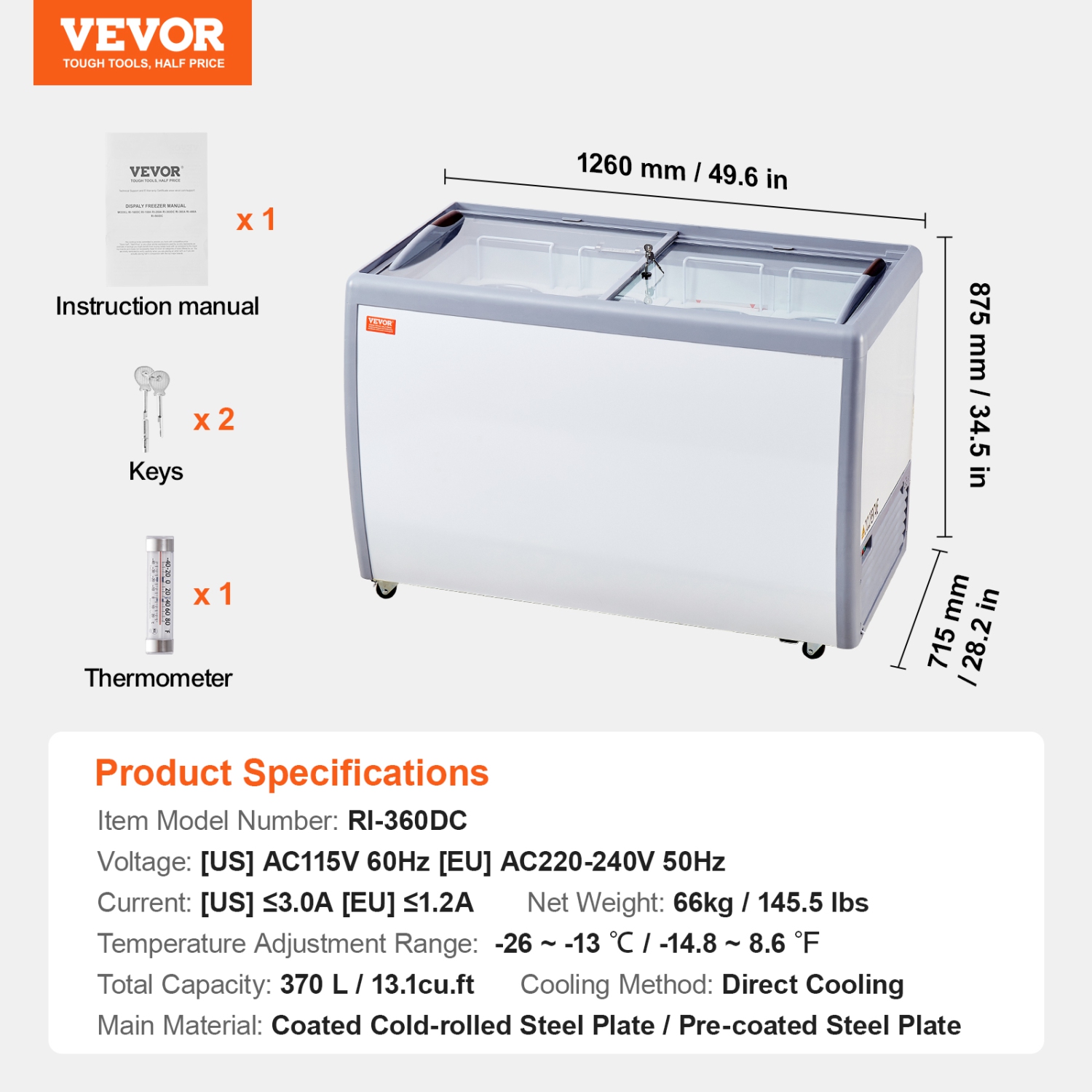VEVOR 13.1 Cu.ft Commercial Ice Cream Display Case, Chest Freezer, Mobile Glass Top Deep Freezer, Restaurant Gelato Dipping Cabinet with 8 Large