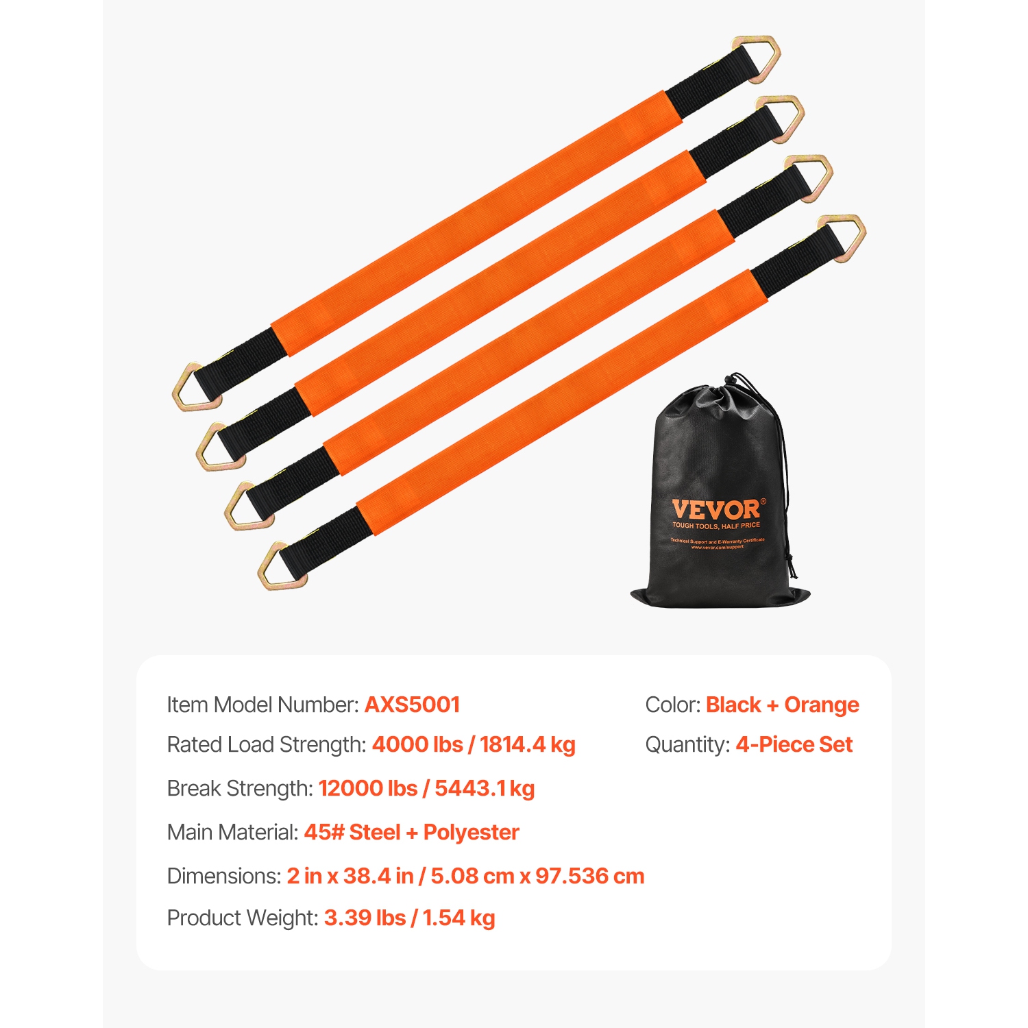 VEVOR 2 in x 3.2 ft Axle Straps, Heavy Duty Axle Tie Down Straps, 12000 lbs Break Strength Axle Tie Down Straps with D Rings, 4 Pack Heavy Duty Axle