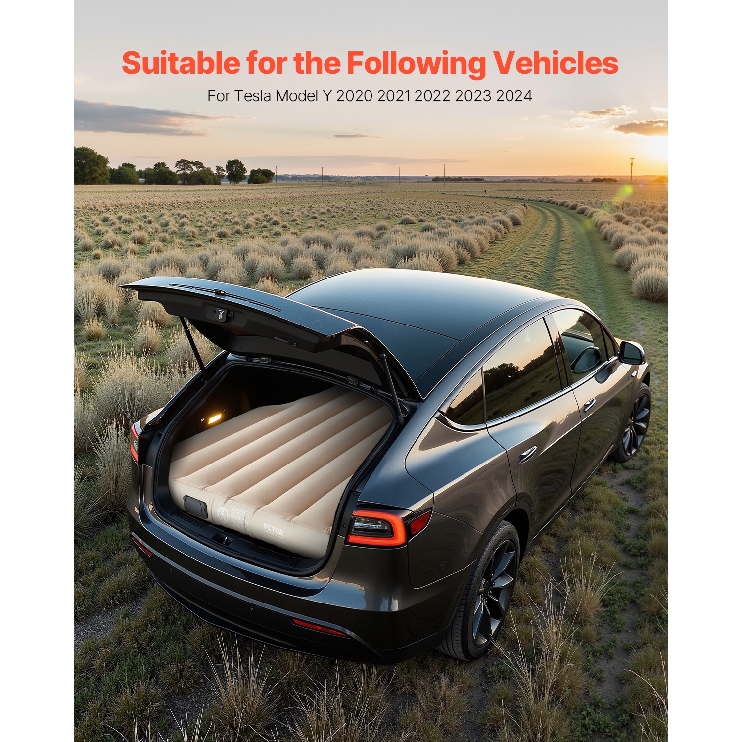 VEVOR Car Air Mattress, Fits Tesla Model Y, Inflatable Mattress, Thickened Blow Up Travel Beds, Durable Portable Sleeping Pad with Built in Pump, 2