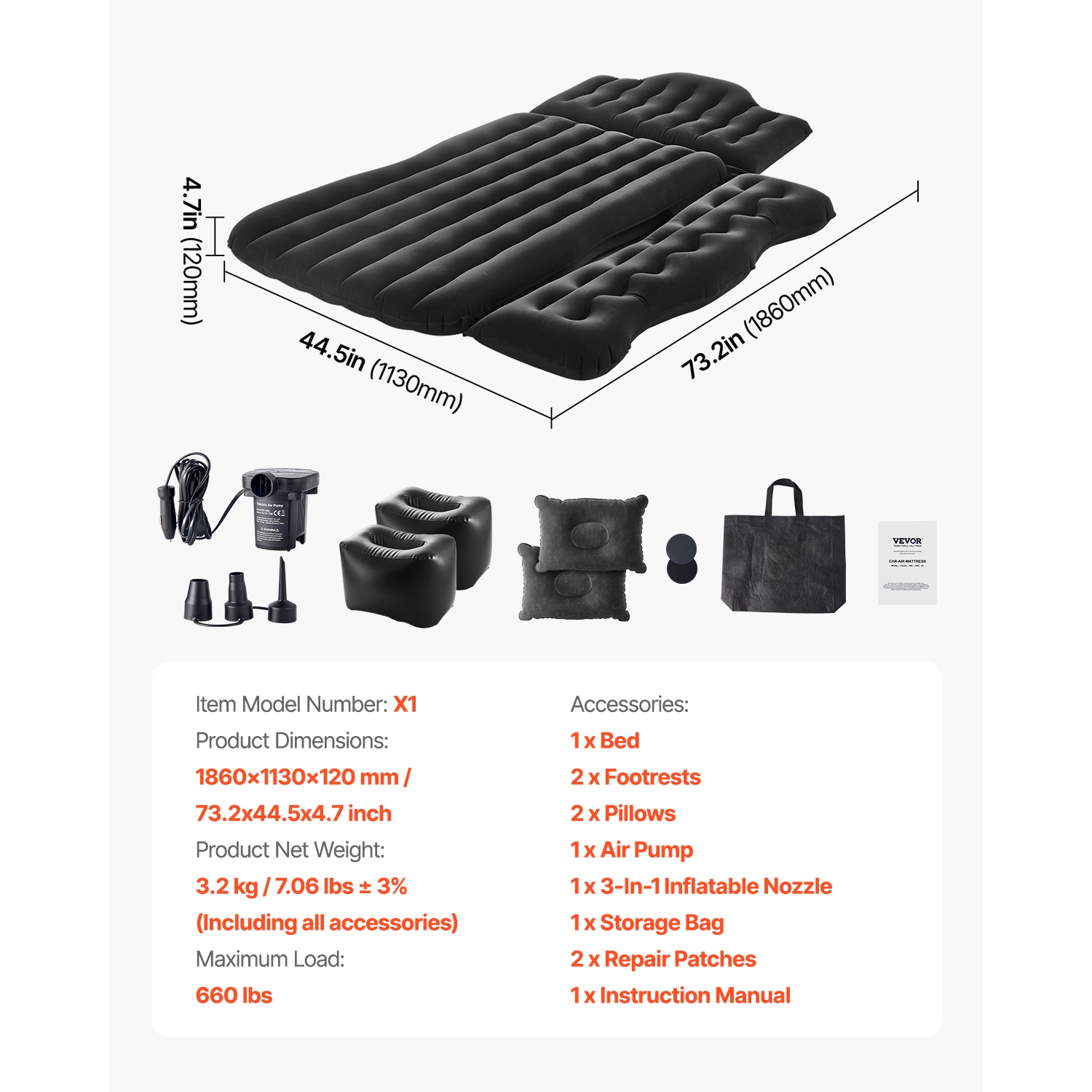 VEVOR Car Air Mattress, Inflatable Back Seat Mattress, Flocking Travel Beds, Durable Sleeping Pad with Air Pump, 2 Pillows, Nozzle, Carry Bag, Fits