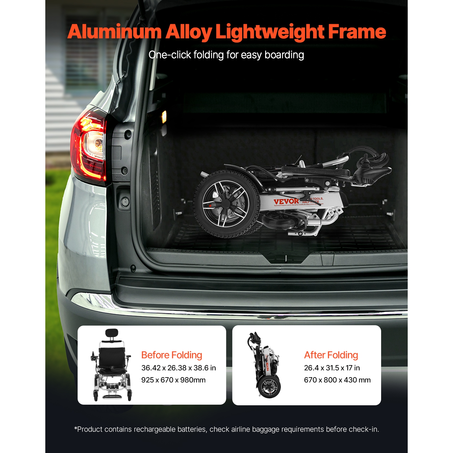 Fauteuil roulant électrique VEVOR pour adultes, capacité 300 lb avec dossier réglable, fauteuil roulant motorisé pliable et léger, portée de