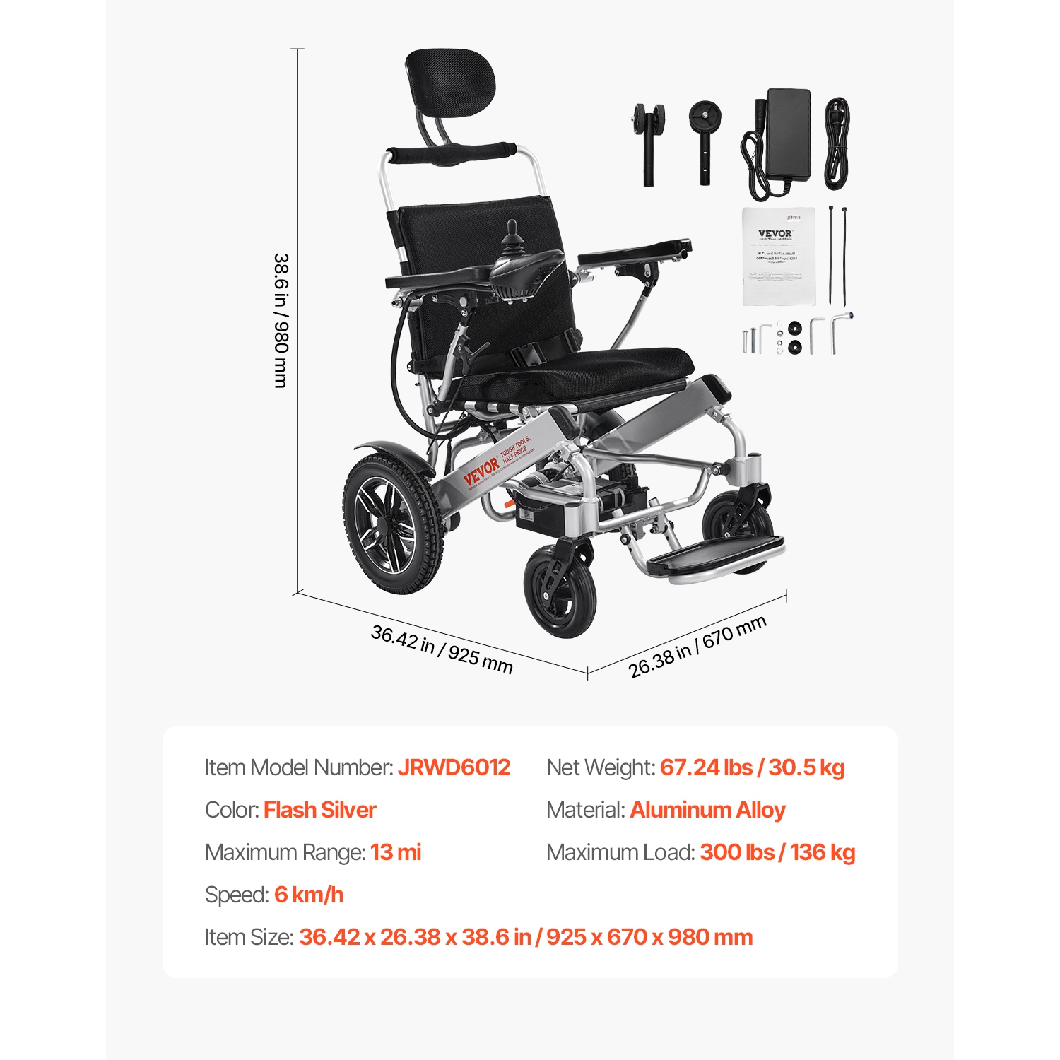 Fauteuil roulant électrique VEVOR pour adultes, capacité 300 lb avec dossier réglable, fauteuil roulant motorisé pliable et léger, portée de