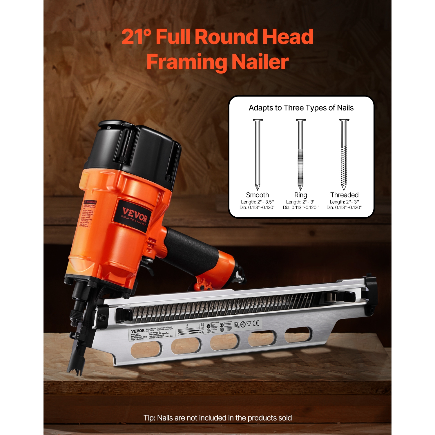 VEVOR 80-120PSI Framing Nailer, 2" to 3-1/2" 21 Degree Full Round Head Pneumatic Framing Nailer with Dual Trigger Modes & Tool-Less Depth Adjustment,