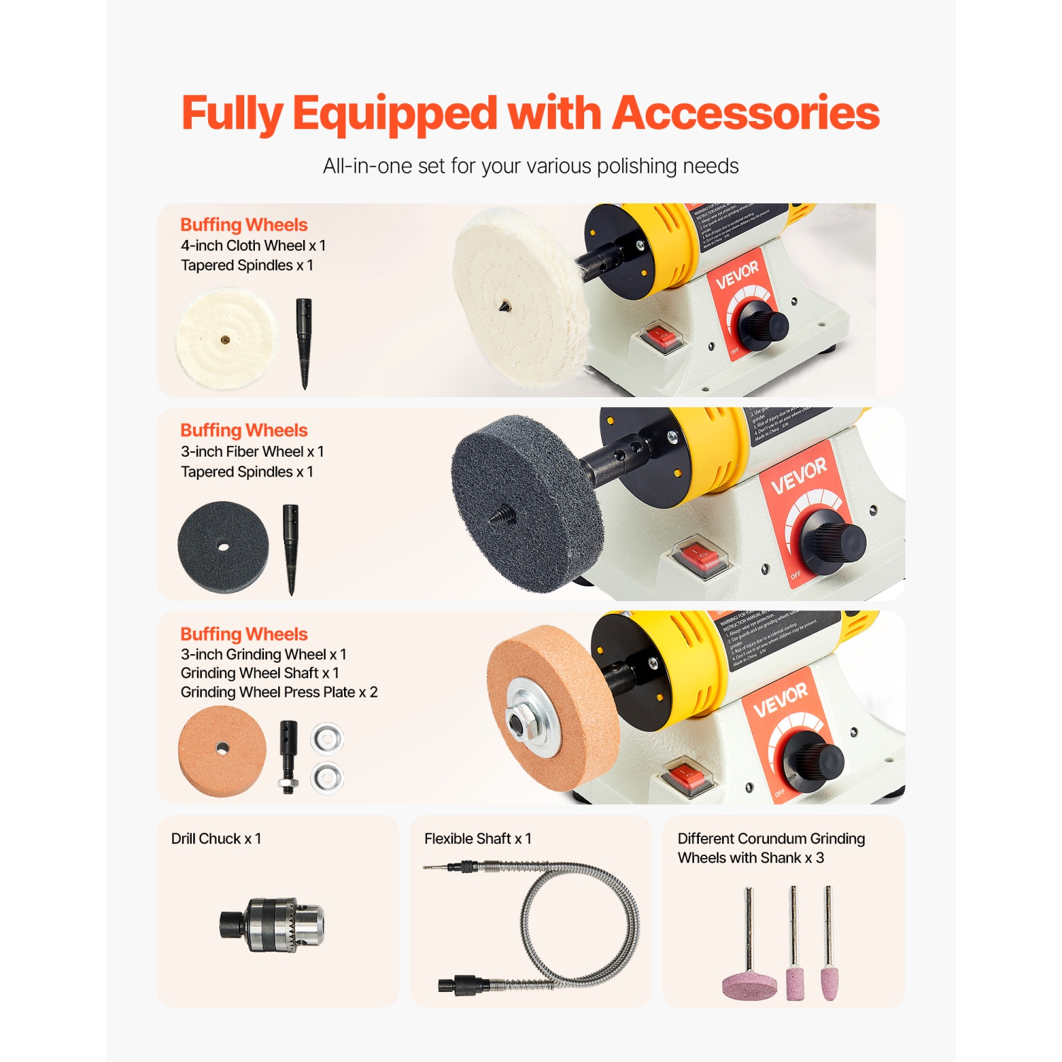VEVOR 1/2HP Bench Buffer Polisher, Polishing Buffing Machine, 0 to 8000RPM Benchtop Polisher Grinder with 4" Cloth Wheel, 3" Grinding Wheel & 3"